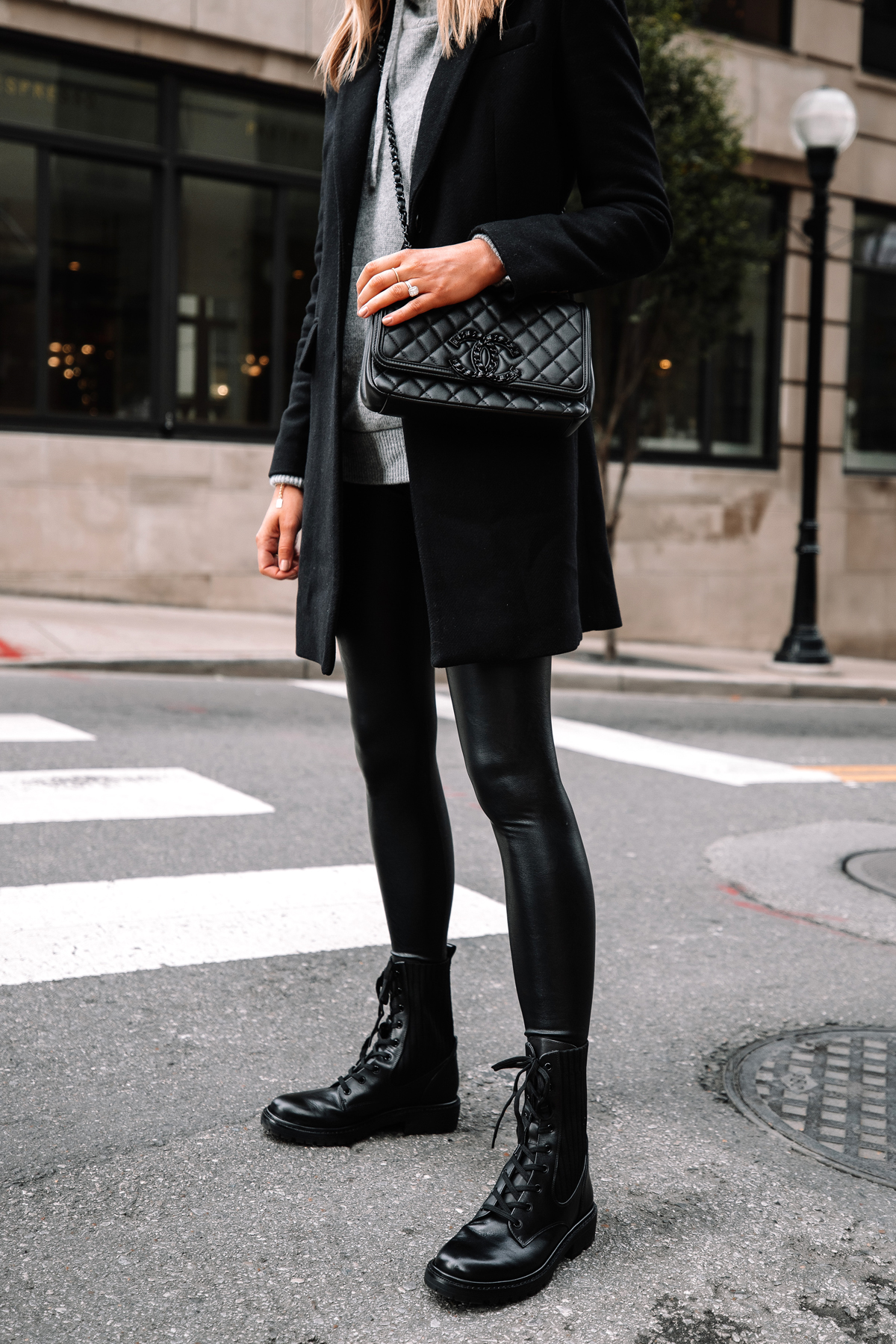 Fashion Jackson Wearing Black Wool Coat Grey Sweater Commando Black Faux Leather Leggings Sam Edelman Black Combat Boots