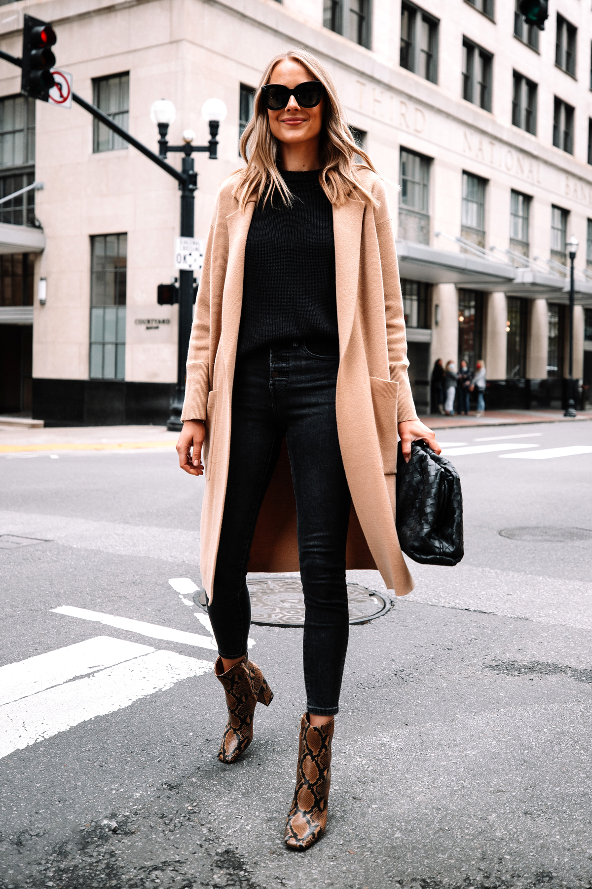 Fashion Jackson Wearing Camel Coatigan Black Sweater Black Skinny Jeans Bottega Veneta Black Clutch Sam Edelman Codie Snakeskin Booties Street Style Fall Outfit