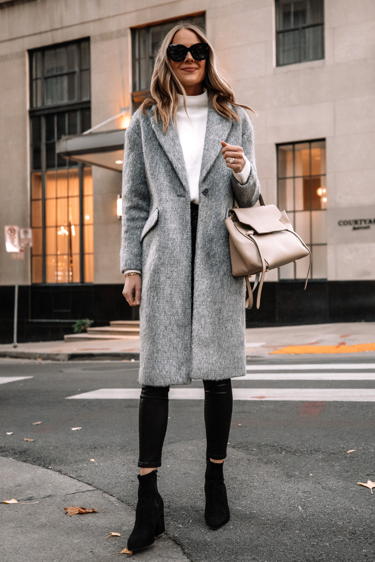 Fashion Jackson Wearing Express Long Grey Coat White Sweater Black Coated Skinny Jeans Black Suede Booties Winter Outfit Street Style 2