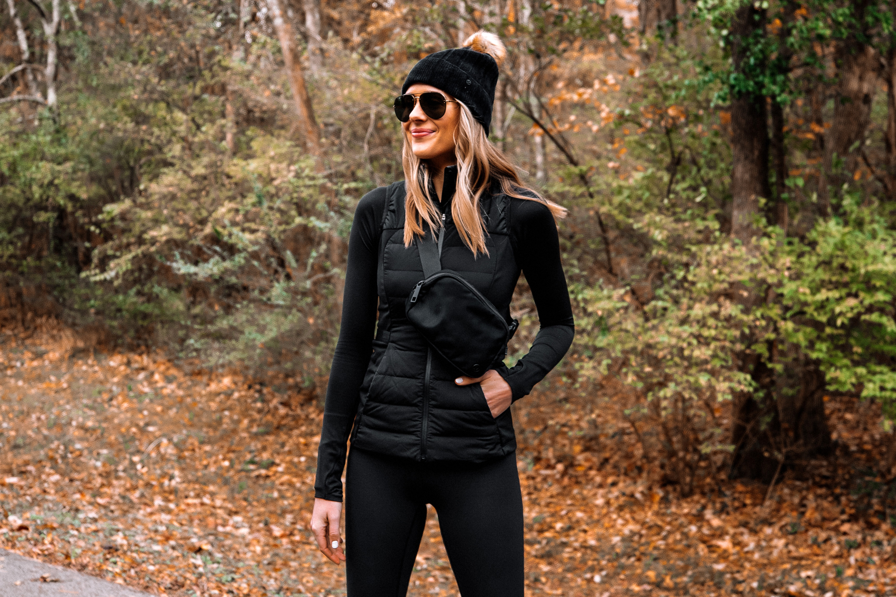 Stylish Outfit with Lululemon Black Beanie, Vest, Leggings, and