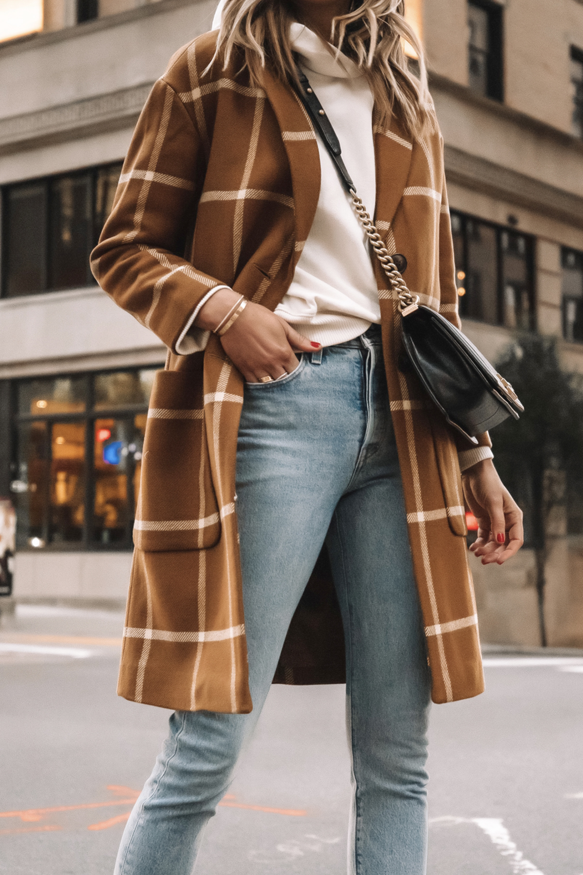 Fashion Jackson Madewell Camel Plaid Coat Ivory Sweatshirt Jeans Outfit 2