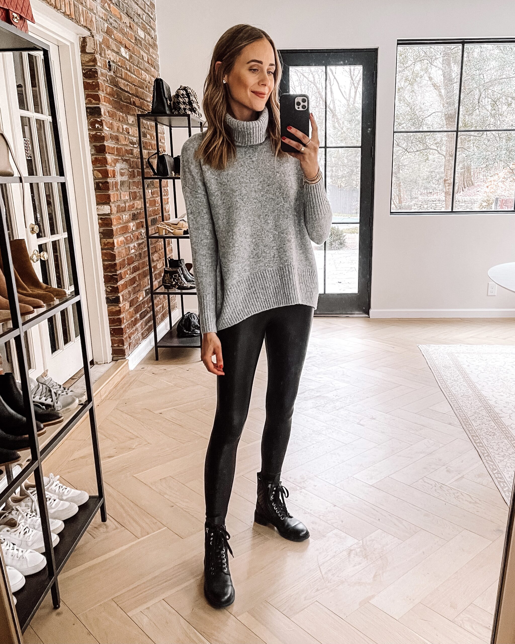 Fashion Jackson Wearing Amazon Fashion Grey Sweater Black Faux Leather Leggings Combat Boots