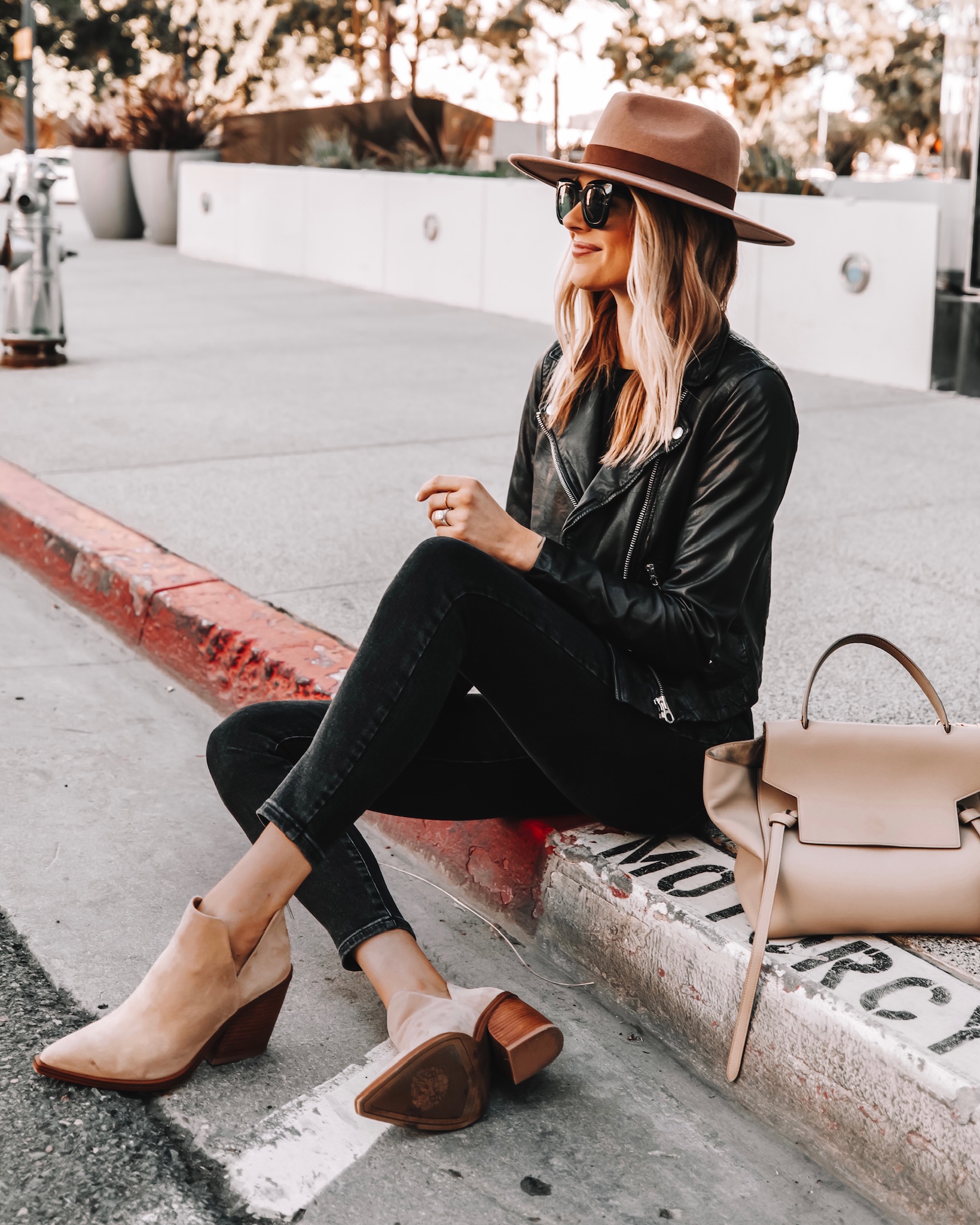 Fashion Jackson Wearing Black Leather Jacket Outfit Tan Hat Tan Booties, all black leather jacket outfit, ﻿womens leather jacket outfit,﻿﻿ ﻿madewell leather jacket outfit, ﻿﻿ ﻿casual leather jacket outfit, ﻿ ﻿﻿leather jacket and booties outfit
