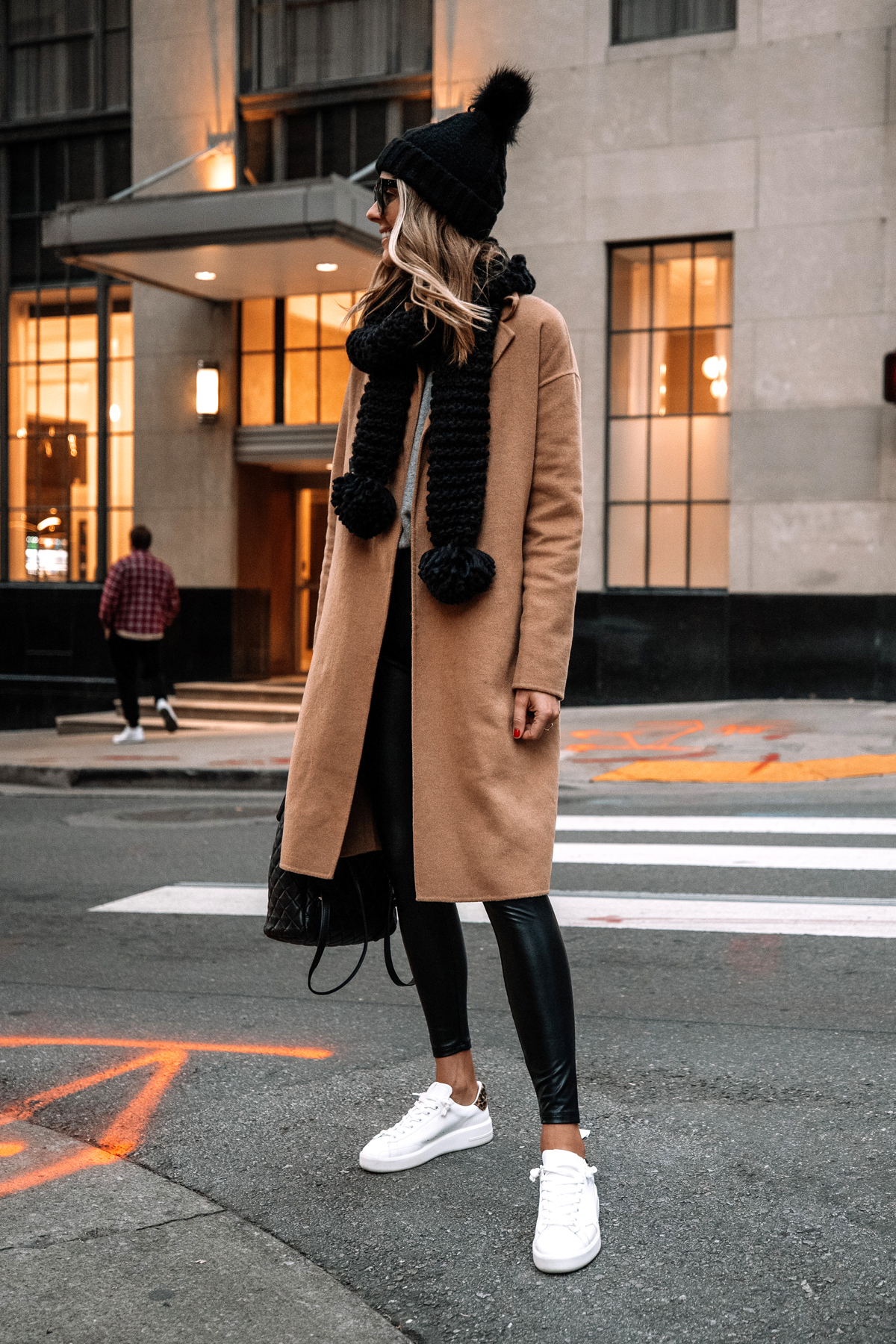 camel coat with sneakers