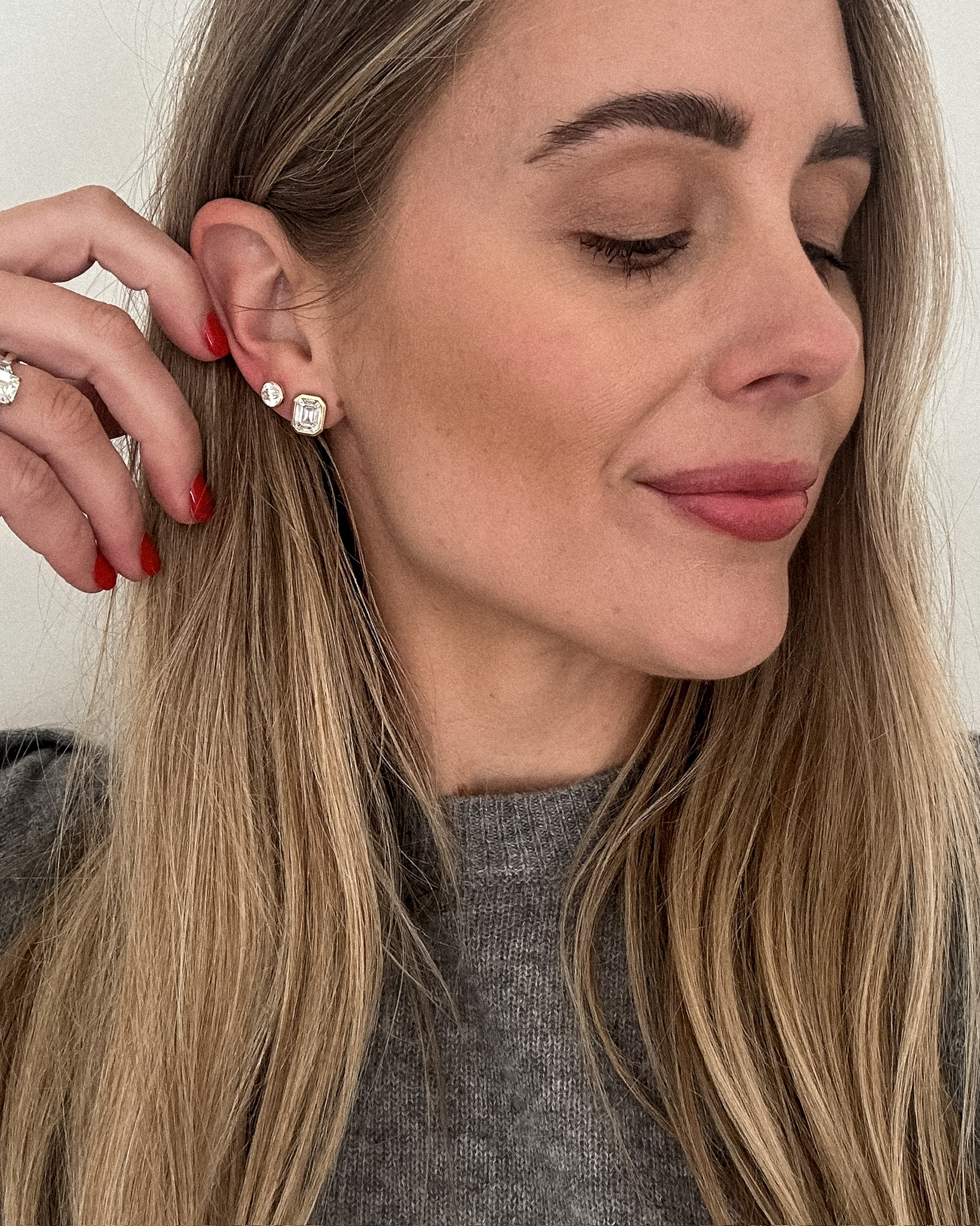 Fashion Jackson Wearing Bezel Set Emerald Cut Stud Earrings, Bezel Set Round Cut Stud Earrings