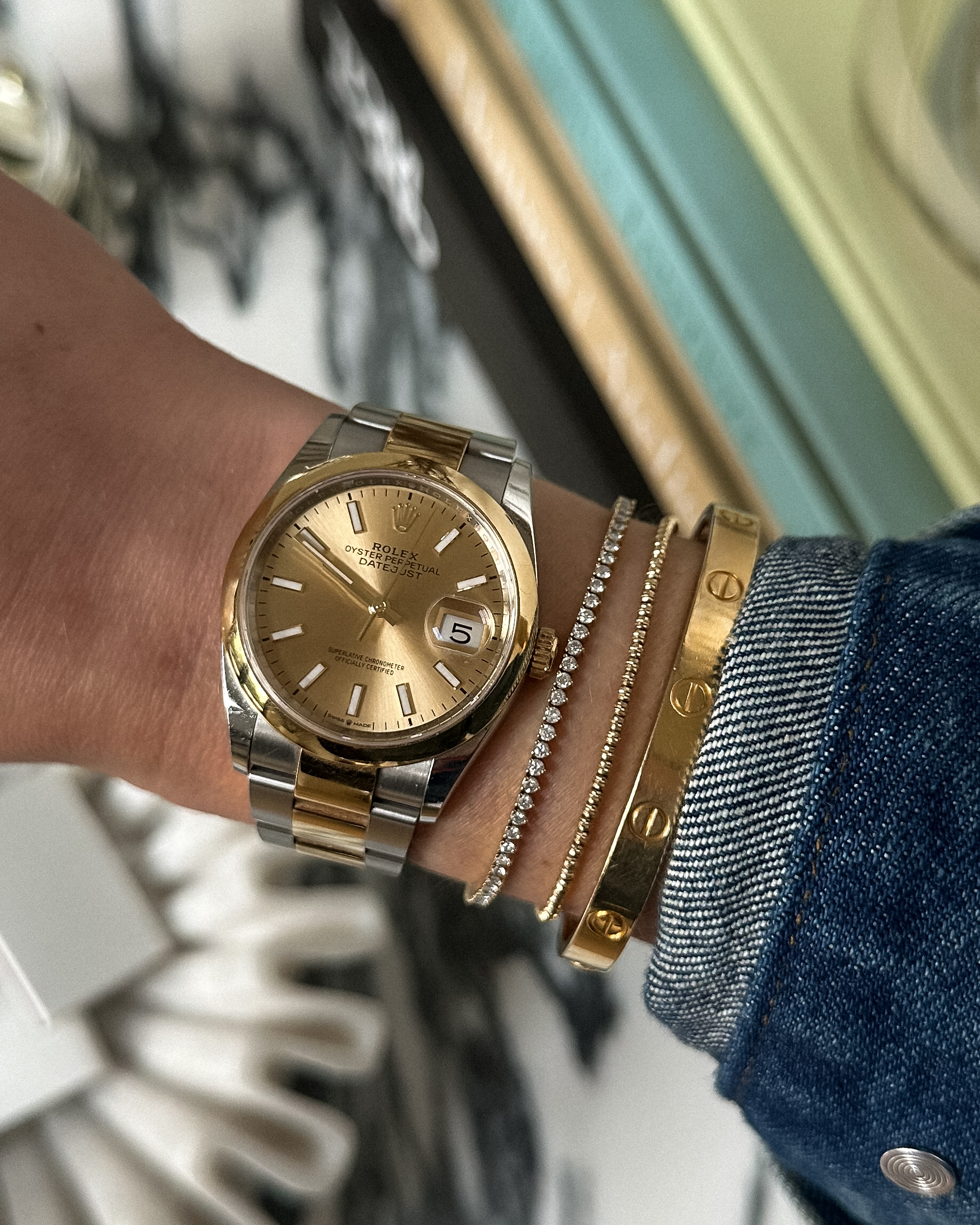 Fashion Jackson Wearing Rolex Oysster Perpetual Datejust Silver Gold Watch Cartier Yellow Gold Love Bracelet Adina Reyter Diamond Tennis Bracelet Adina Reyter Bead Chain Gold Bracelet