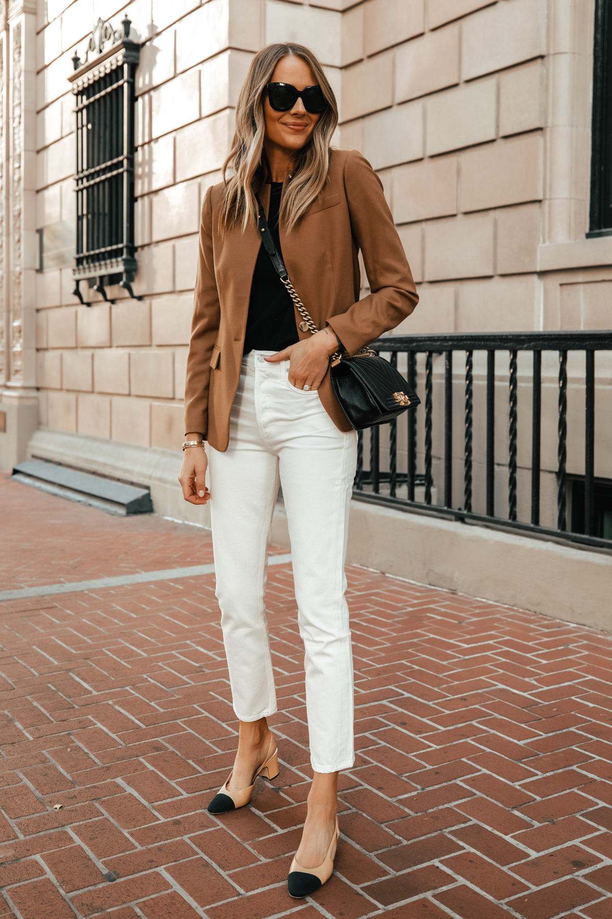 Fashion Jackson Wearing Jcrew Camel Blazer Citizens of Humanity White Jeans Chanel Slingbacks Chanel Black Boy Bag