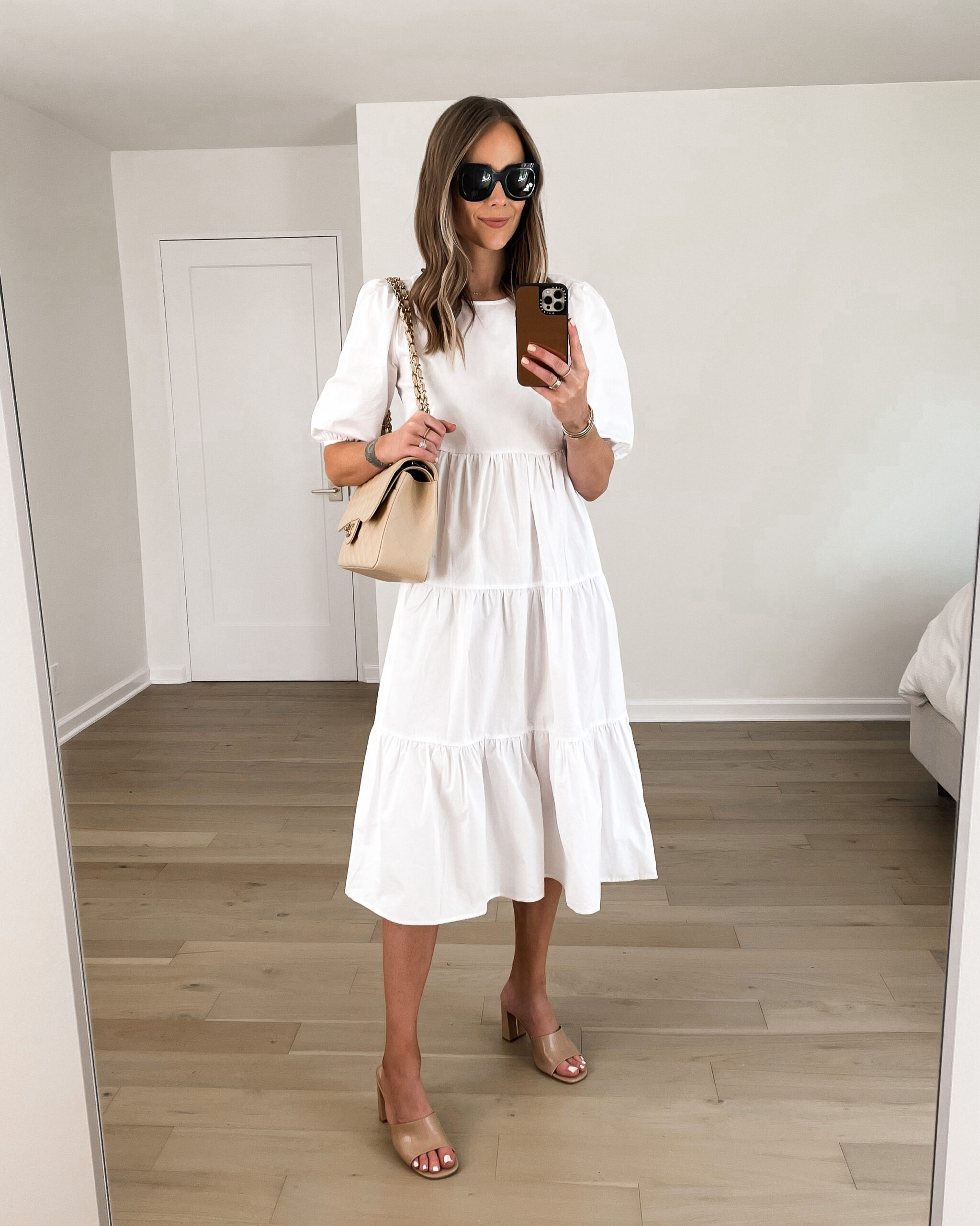 Fashion Jackson Wearing White Shirtdress Tan Sandals Cuyana Half