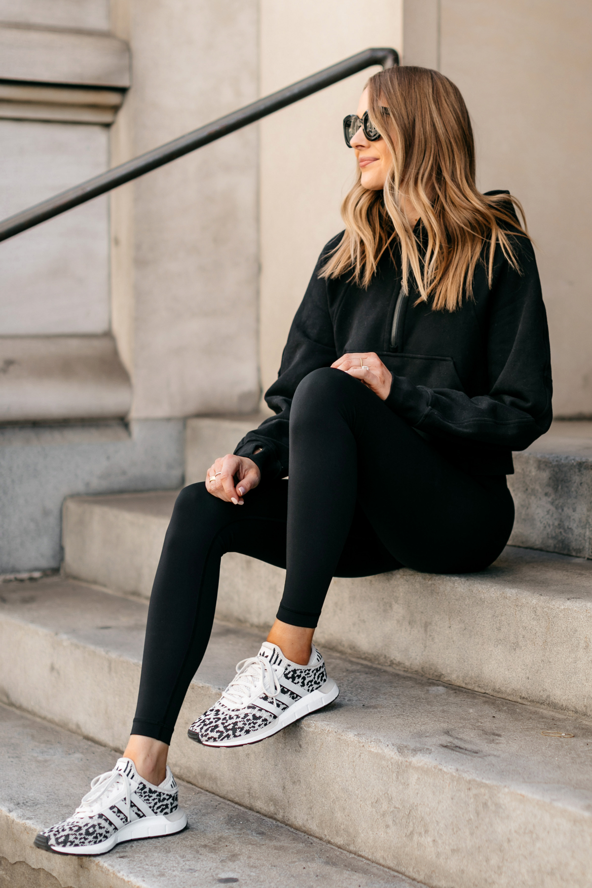 Fashion Jackson Wearing lululemon Black Outfit Black Leggings Black Sweatshirt Leopard adidas Sneakers 4