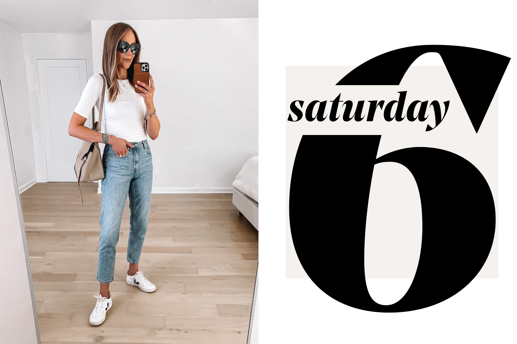 Fashion Jackson Wearing Short Sleeve White Bodysuit Everlane Straight Leg Jeans White Veja Sneakers