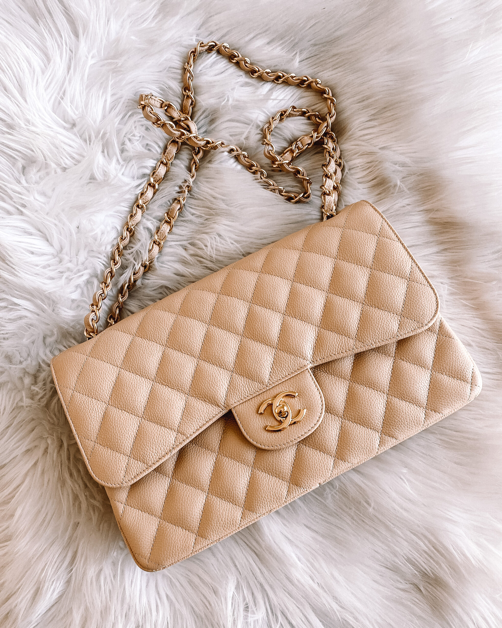 Chanel Classic M/L Double Flap Beige Claire Caviar Silver Hardware