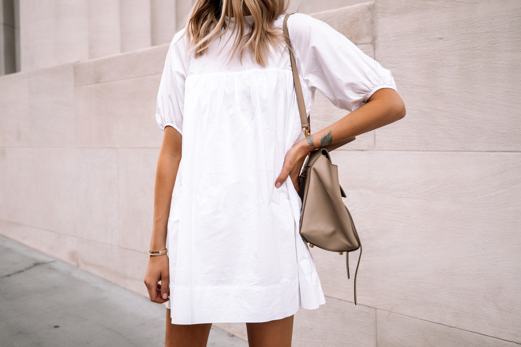 Fashion Jackson Wearing Everlane White Mini Dress Celine Mini Belt Bag Summer Dress 1