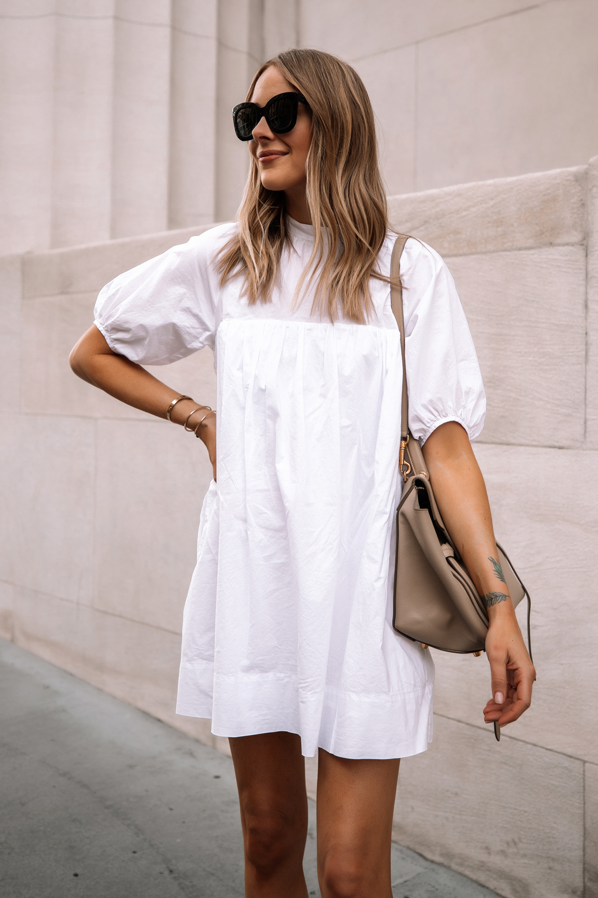 Fashion Jackson Wearing Everlane White Mini Dress Celine Mini Belt Bag Summer Dress