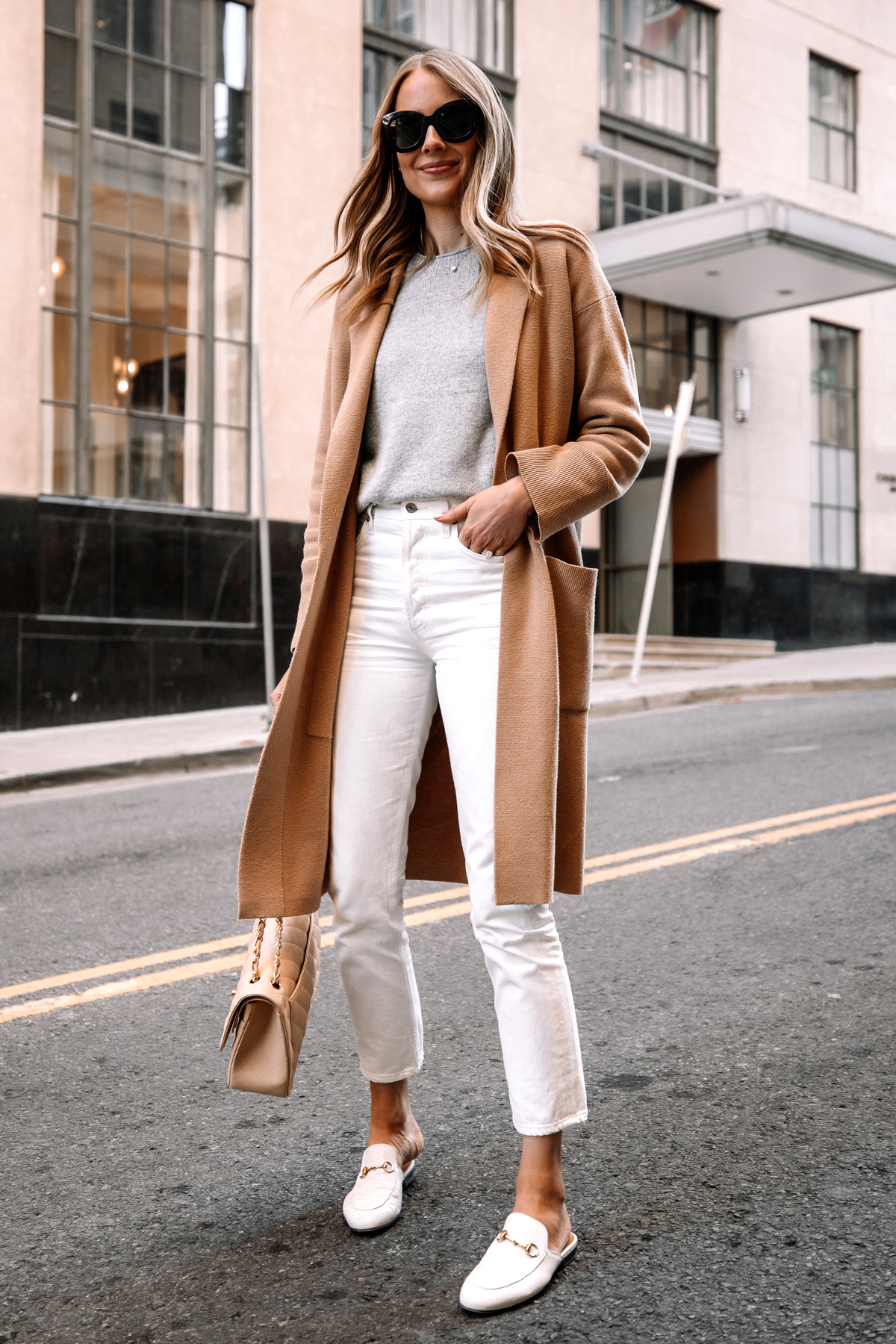 Fashion Jackson Wearing Tan Cardigan Grey Sweater White Jeans White Gucci Princetown Mules Street Style