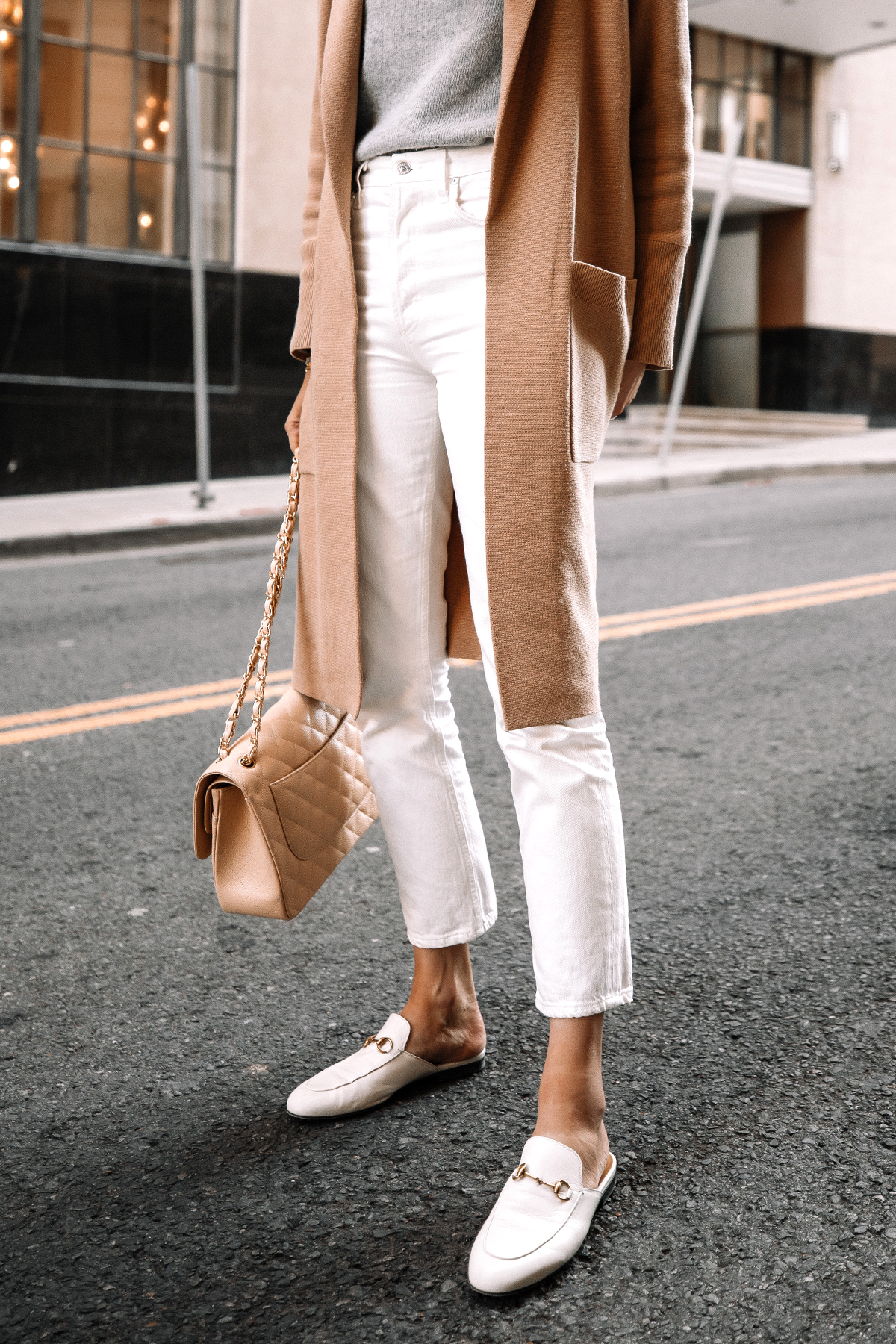 Fashion Jackson Wearing Tan Cardigan Grey Sweater White Jeans White Gucci Princetown Mules