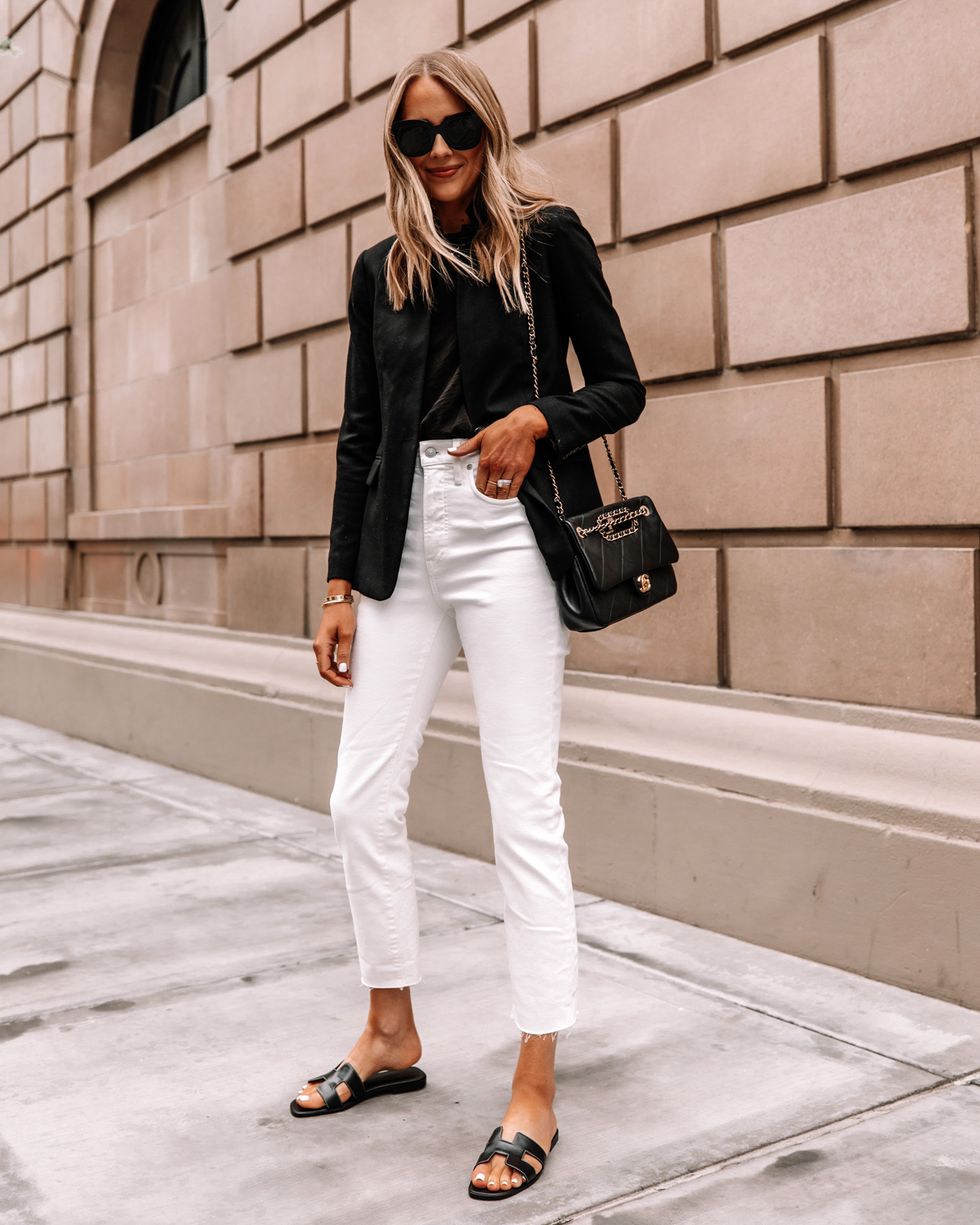 Fashion Jackson Wearing Jcrew Black Blazer Black Tshirt Madewell White Cropped Raw Hem Jeans Hermes Oran Black Sandals Chanel Black Handbag Street Style