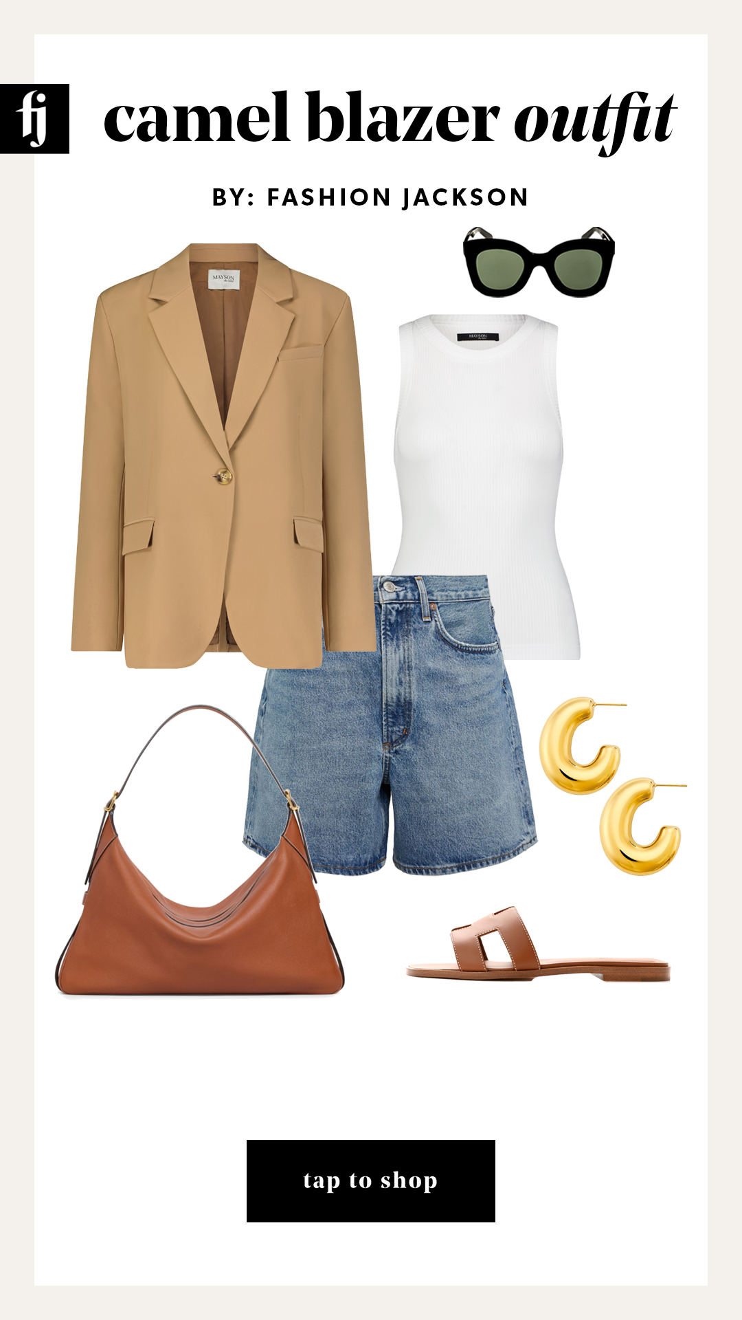 camel blazer outfit idea with denim shorts