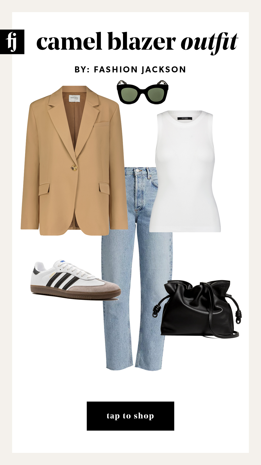 camel blazer outfit idea with jeans and sneakers