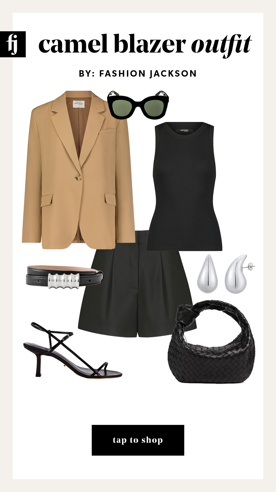 camel blazer outfit idea dressed up with shorts
