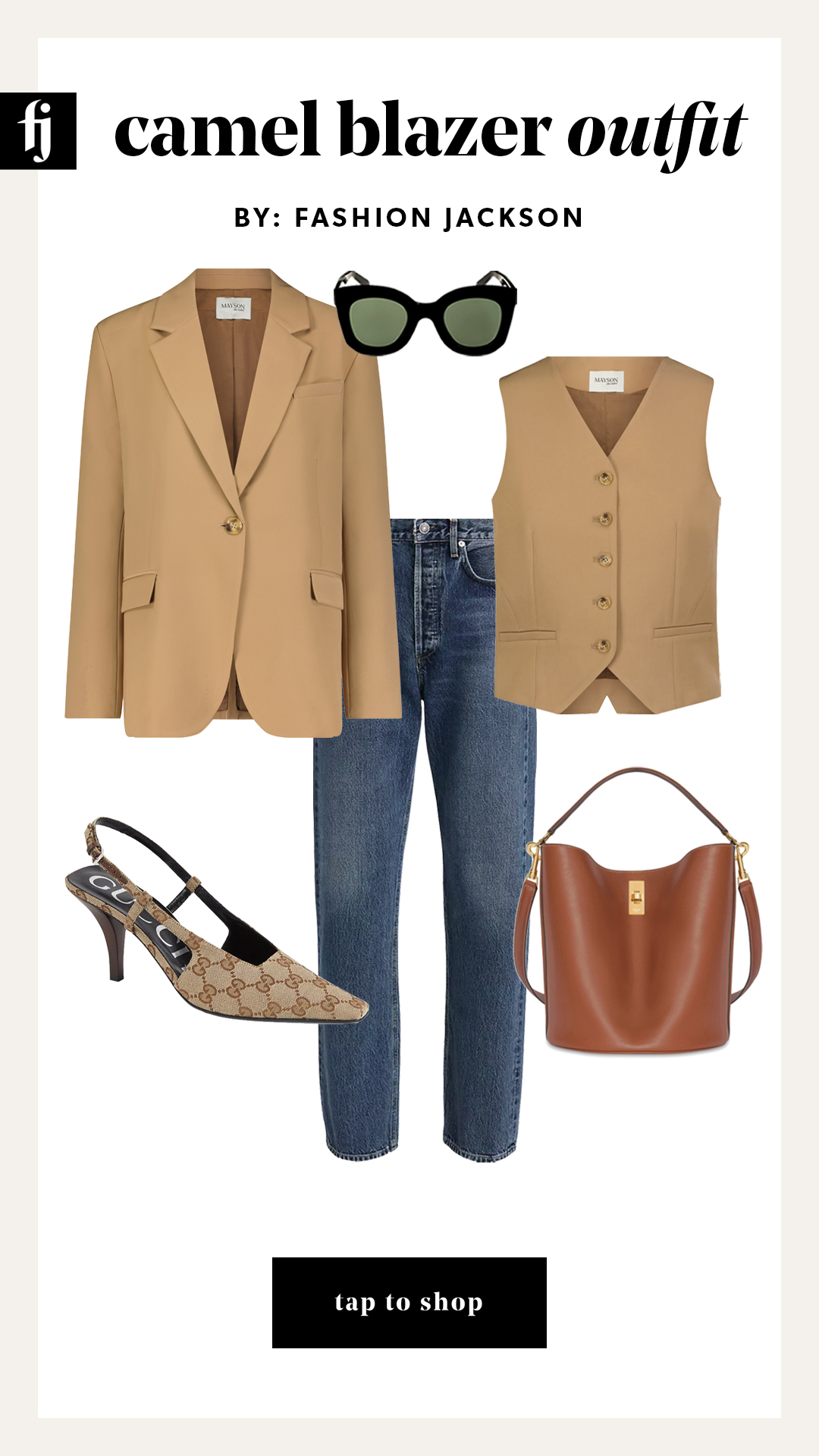 camel blazer business casual outfit idea with jeans and slingbacks