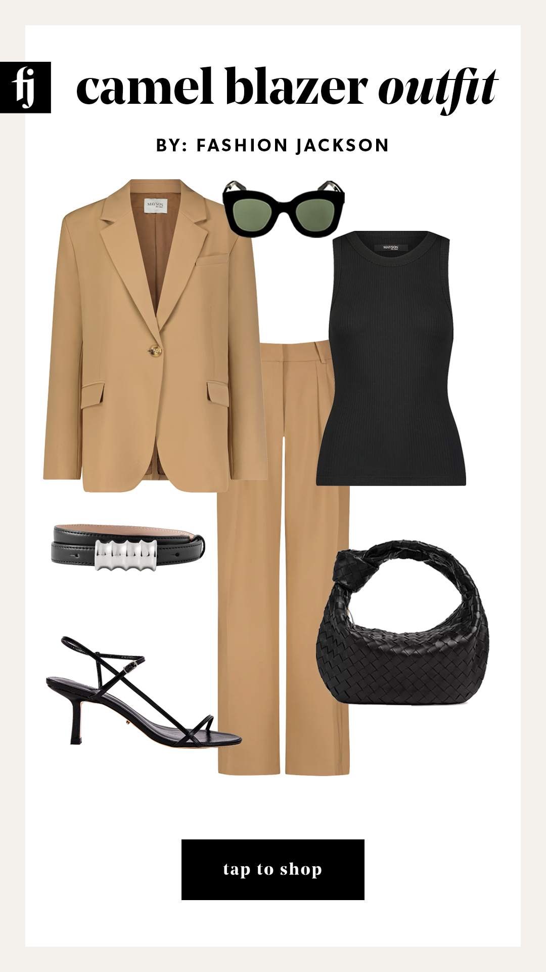 camel blazer workwear outfit idea with camel trousers and black sandals