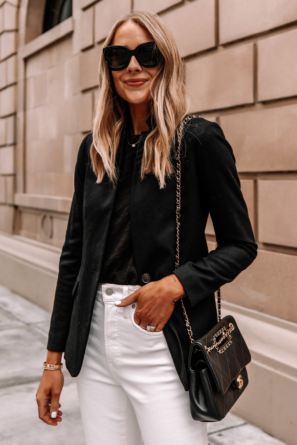 White jeans with sales black blazer