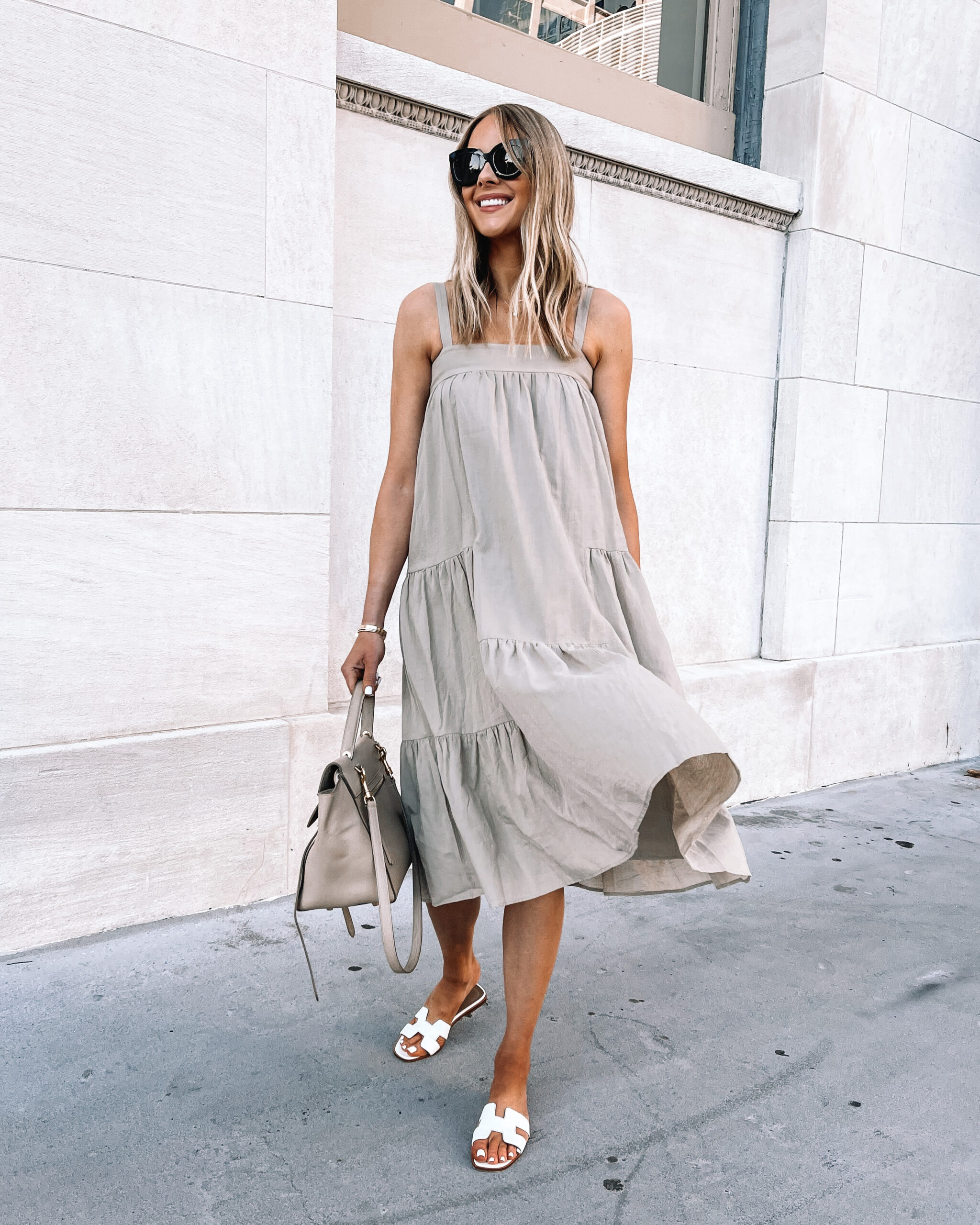 Fashion Jackson Wearing Jenni Kayne Tan Summer Dress White Hermes Oran Sandals Summer Dress Outfit