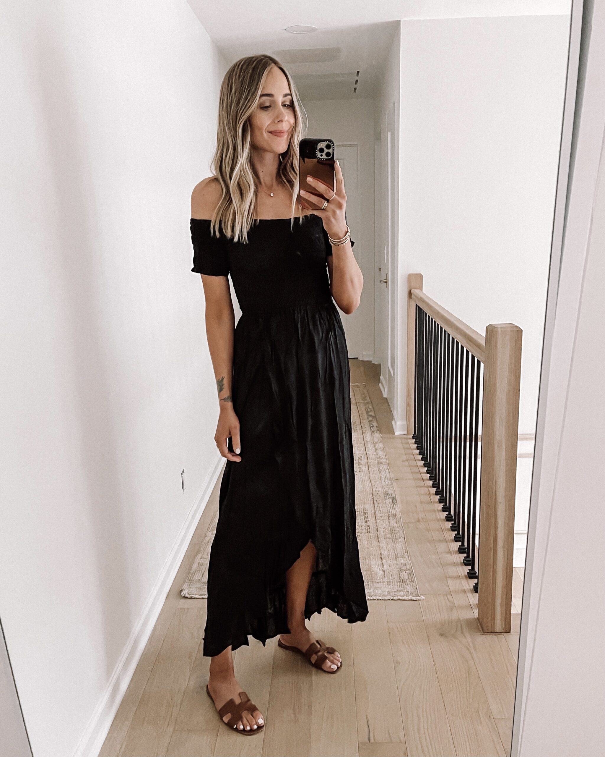 Fashion Jackson Wearing Black Off the Shoulder Maxi Dress Swimsuit Coverup Tan Hermes Sandals Shopbop Haul