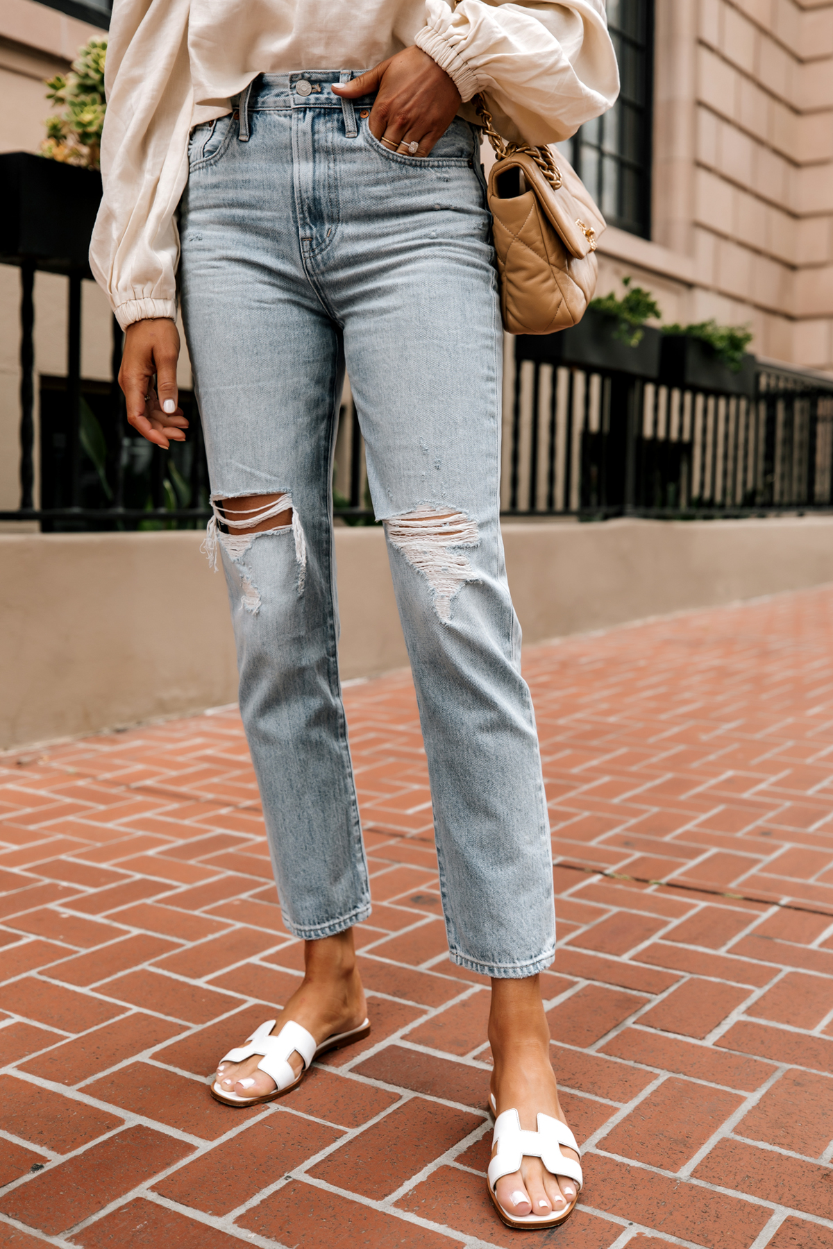 Fashion Jackson Wearing Madewell The Perfect Vintage Jean in Calabria Wash Ripped White Hermes Sandals