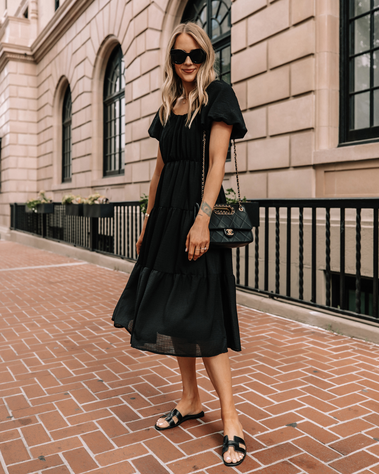 Fashion Jackson Wearing Nordstrom Black Midi Dress Black Hermes Sandals Summer Outfit