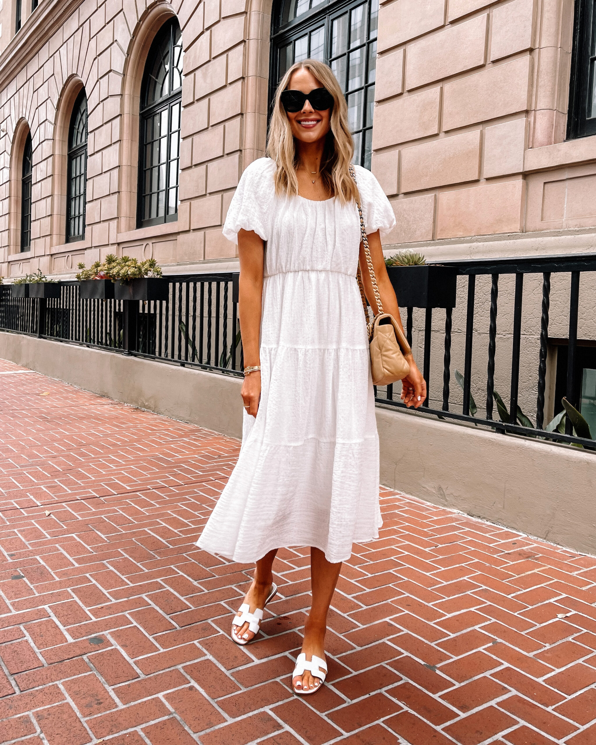 Fashion Jackson Wearing Nordstrom White Midi Dress White Hermes Sandals Summer Outfit