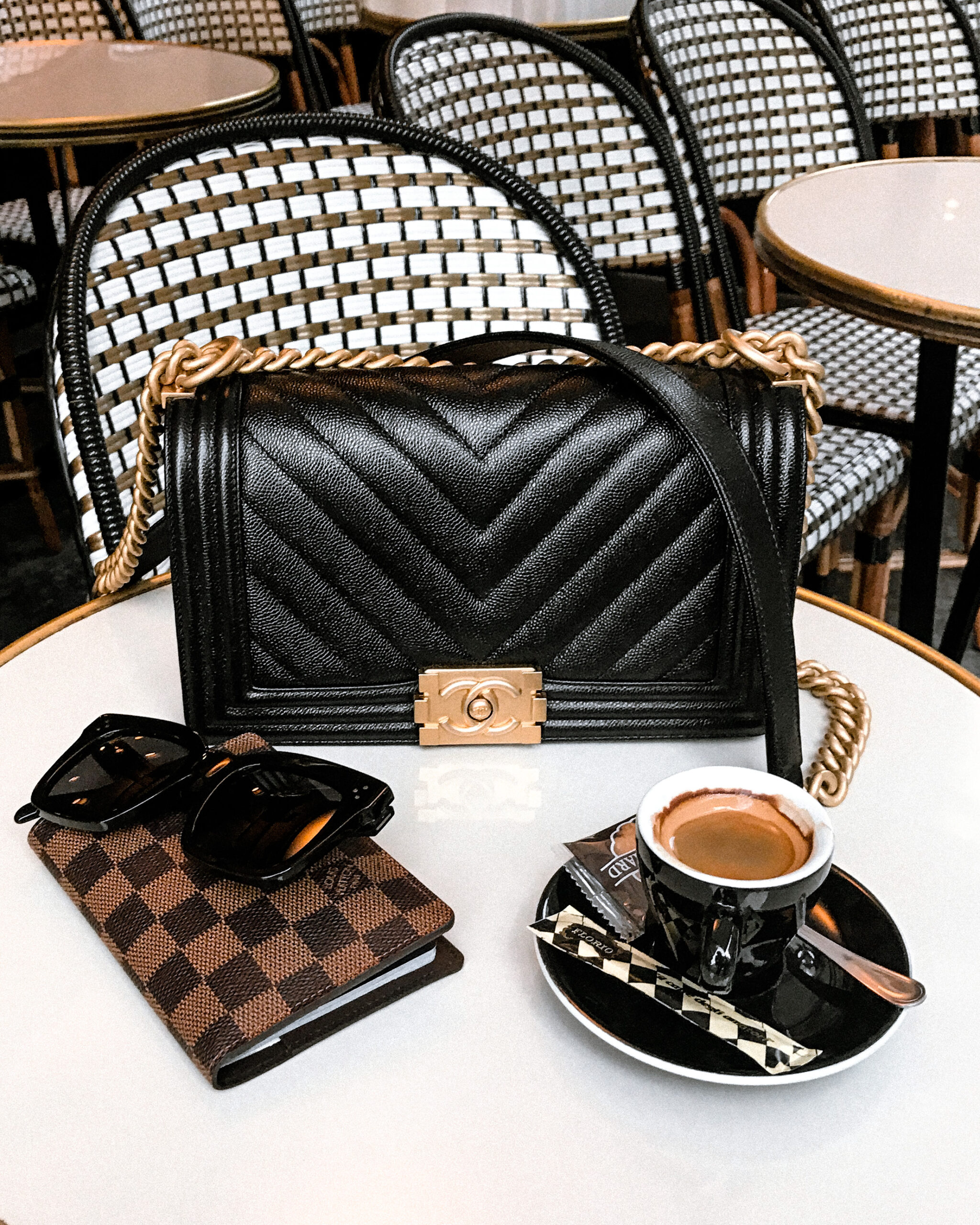 Paris Cafe Chanel Boy Bag Black Chevron Celine Sunglasses Louis Vuitton Passport Holder