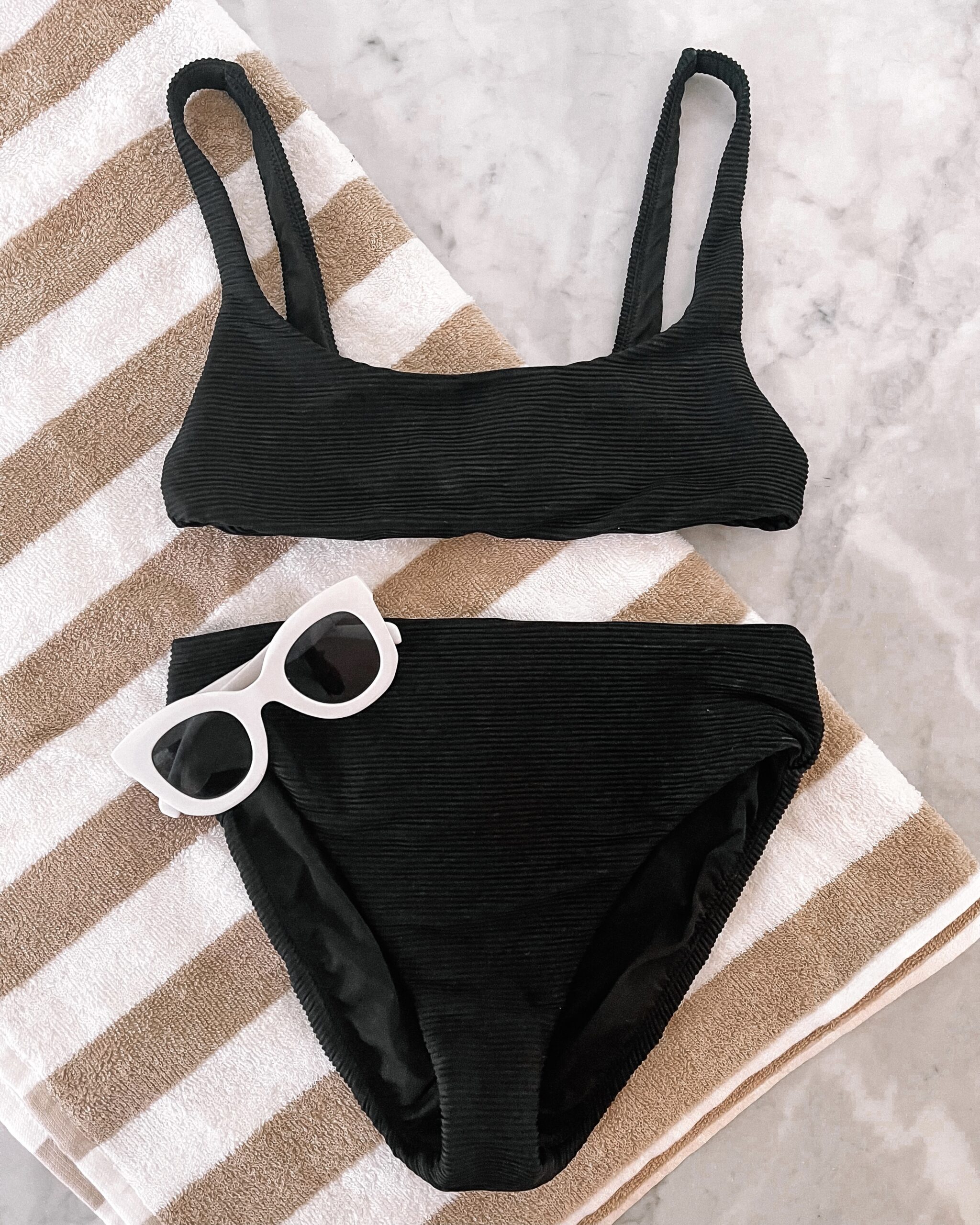 Black Jcrew Swimsuit Amazon Fashion White Sunglasses Tan and White Stripe Towel