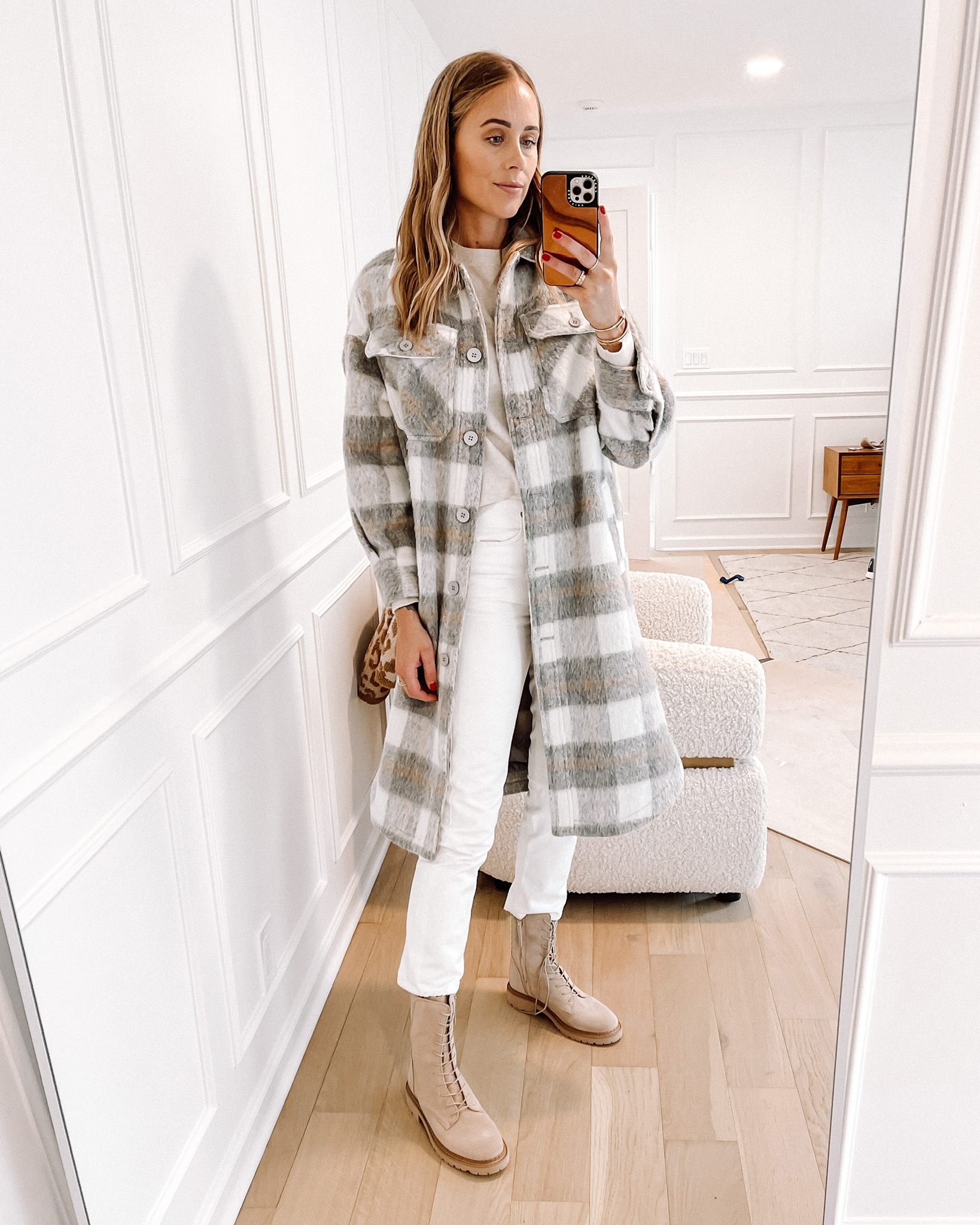Fashion Jackson Nordstrom Anniversary Sale Wearing Long Plaid Shacket White Jeans Tan Combat Boots