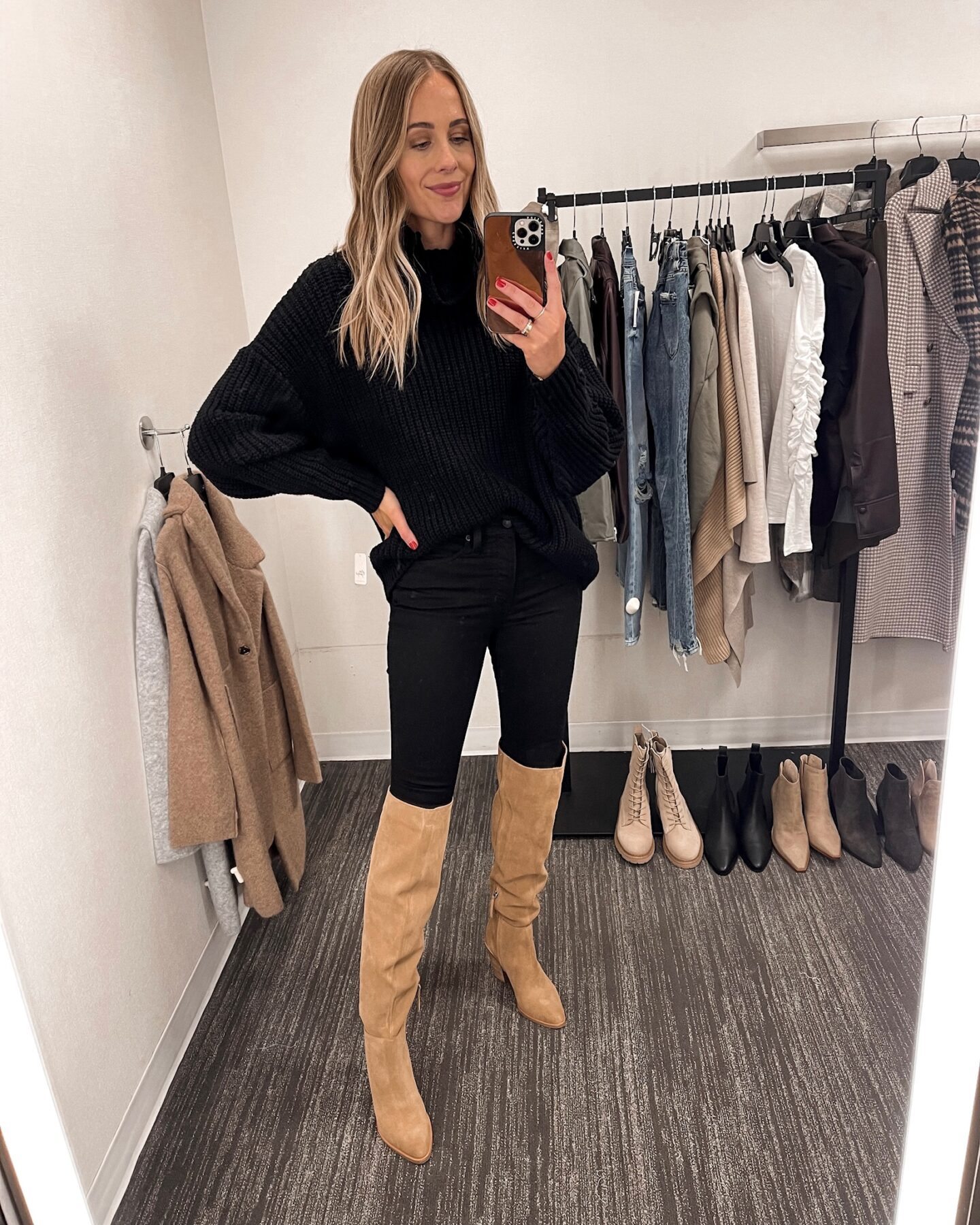 Fashion Jackson Nordstrom Anniversary Sale 2021 Black Free People Sweater Black Jeans Tan Knee High Boots