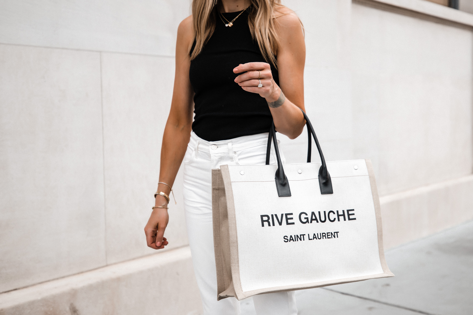 Fashion Jackson Wearing Black Tank White Jeans Saint Laurent Rive Gauche Logo Tote Bag