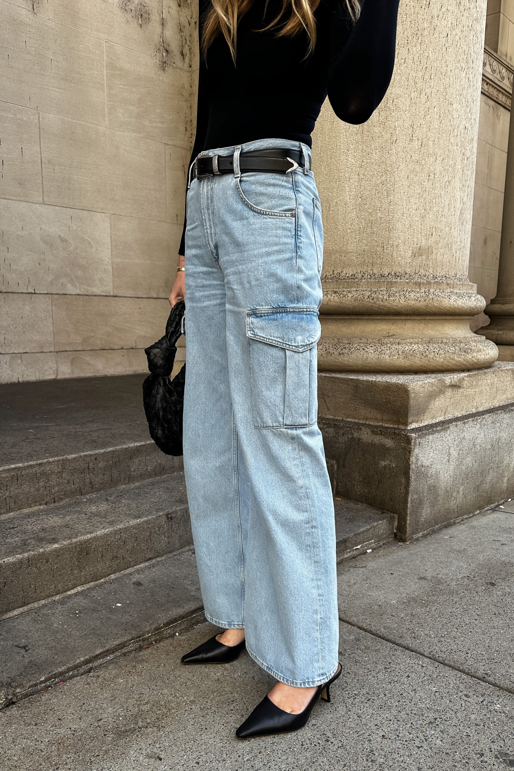 Fashion Jackson Wearing Black Commando Bodysuit, AGOLDE Cargo Jeans, Sam Edelman Black Slingbacks, Bottega Venetta Black Jodie Teen Handbag, Khaite Benny Black Belt, Fall Outfit