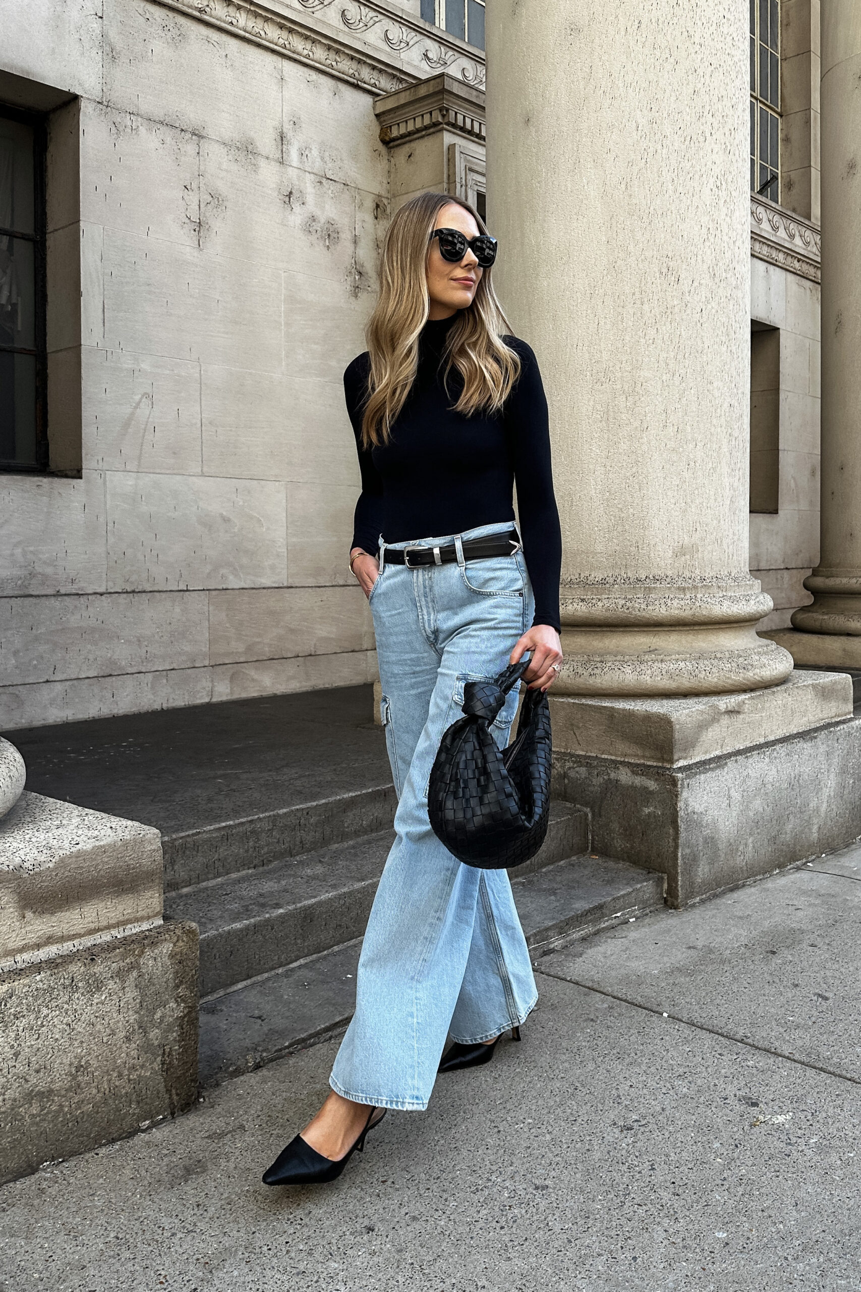 Fashion Jackson Wearing Black Commando Bodysuit, AGOLDE Cargo Jeans, Sam Edelman Black Slingbacks, Bottega Venetta Black Jodie Teen Handbag, Khaite Benny Black Belt, Fall Outfit