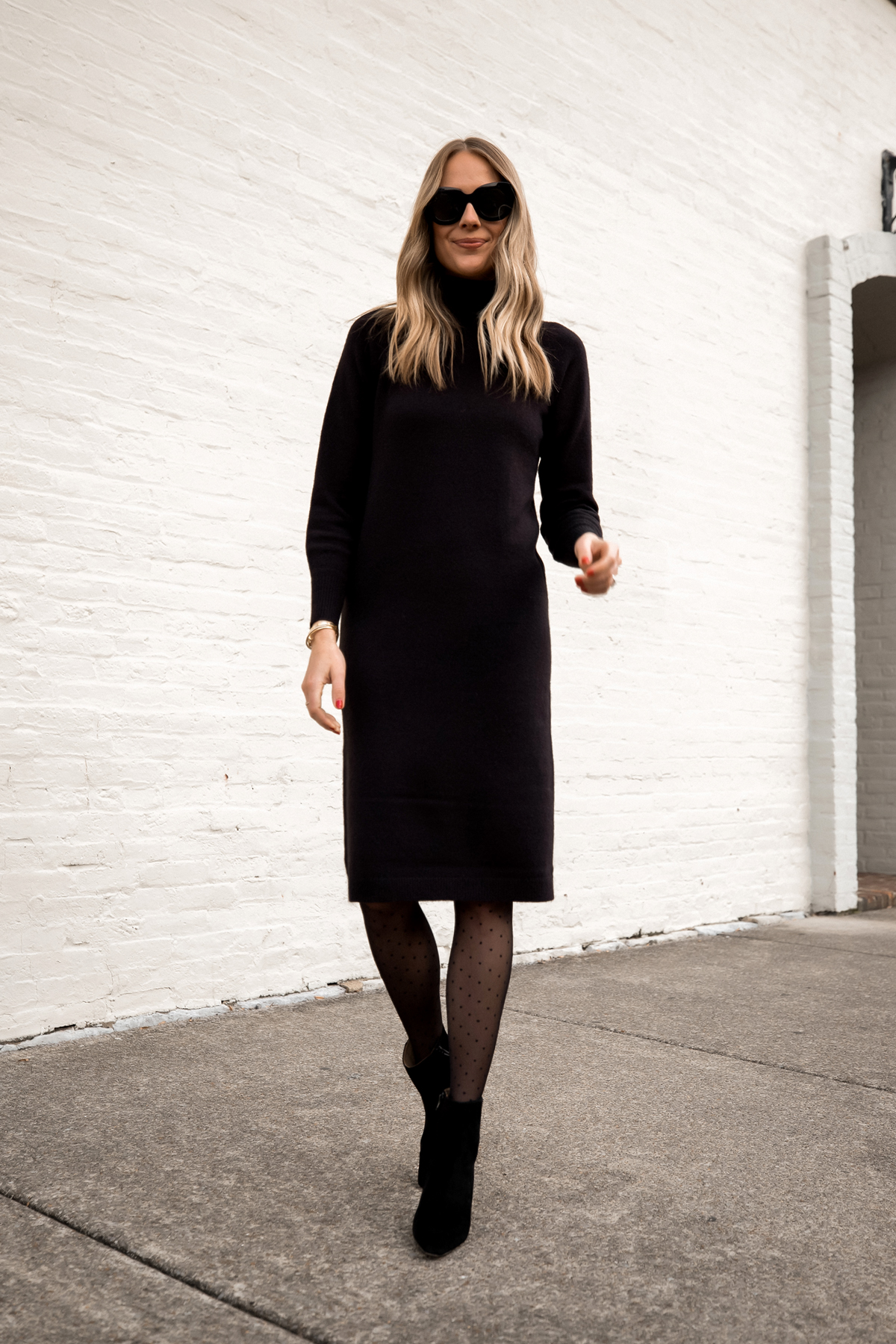 Fashion Jackson Wearing Ann Taylor Black Turtleneck Sweater Dress with Booties Black Ankle Booties Black Dot Tights