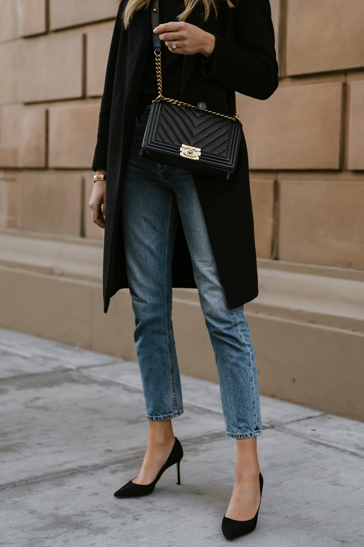 Jeans and shop black coat