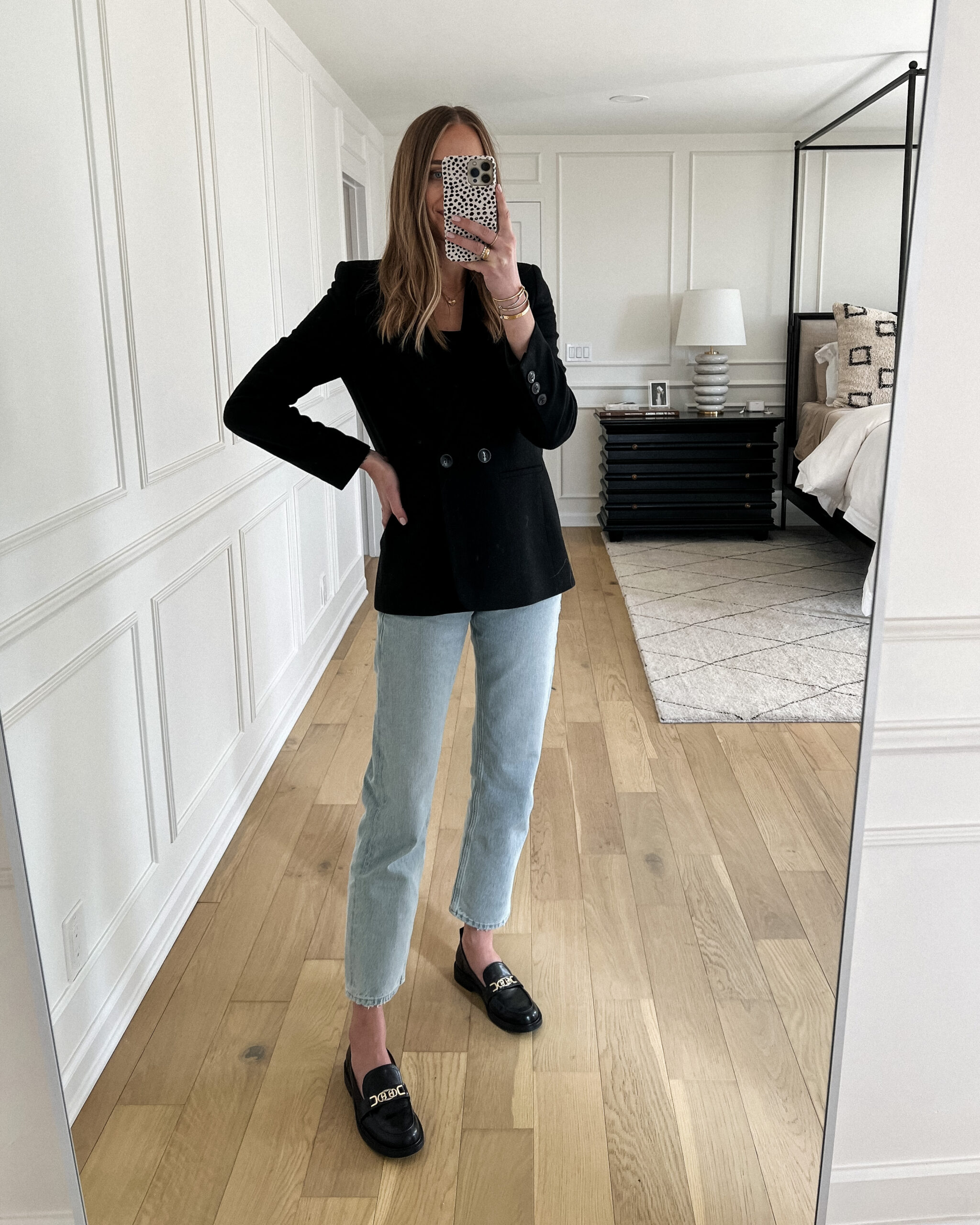 Fashion Jackson Wearing Anine Bing Madeleine Black Blazer AGODLE 90s Jeans Black Loafers Business Casual Outfit