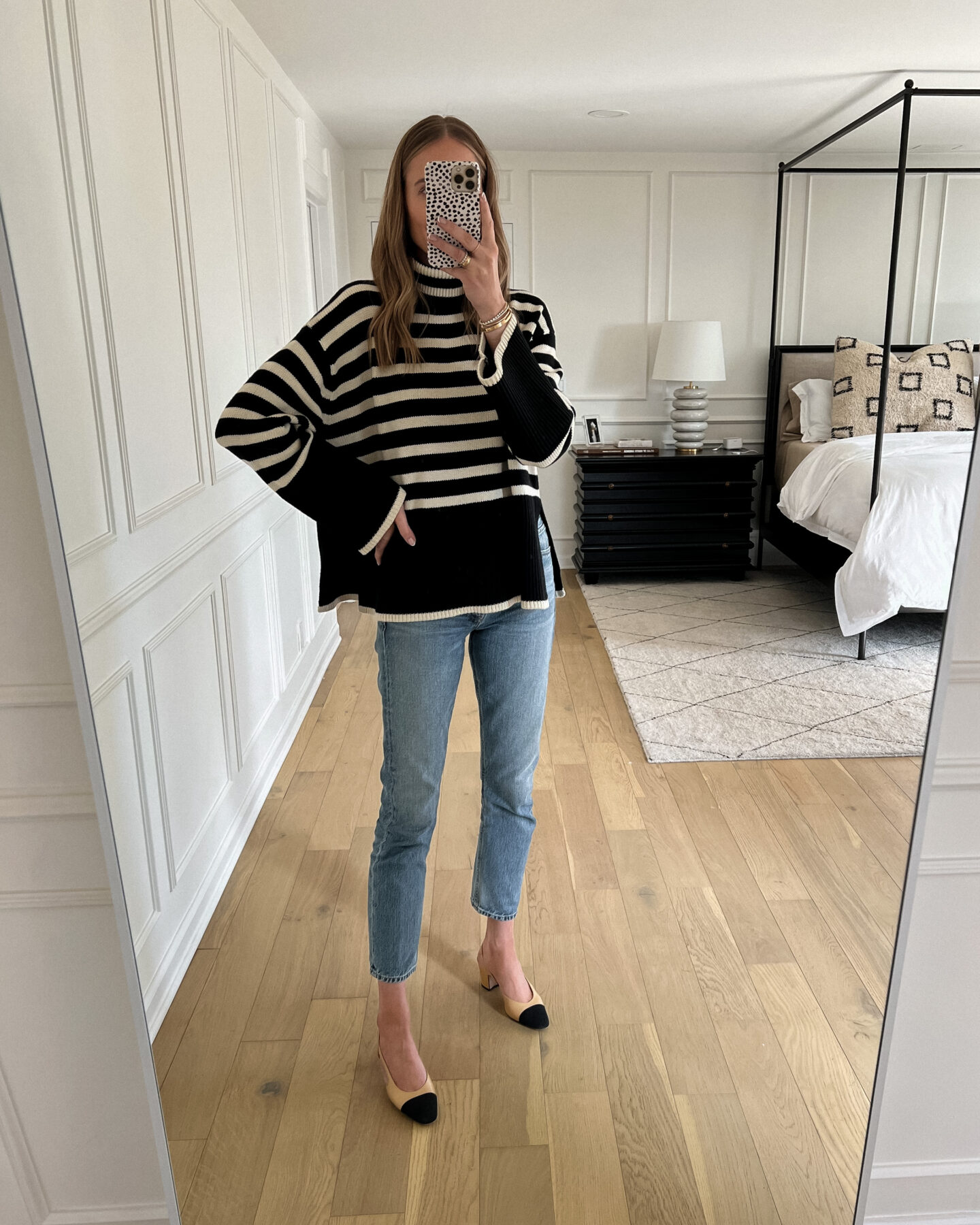 Fashion Jackson Wearing Black White Striped Turtleneck Sweater Blue Jeans Chanel Slingbacks