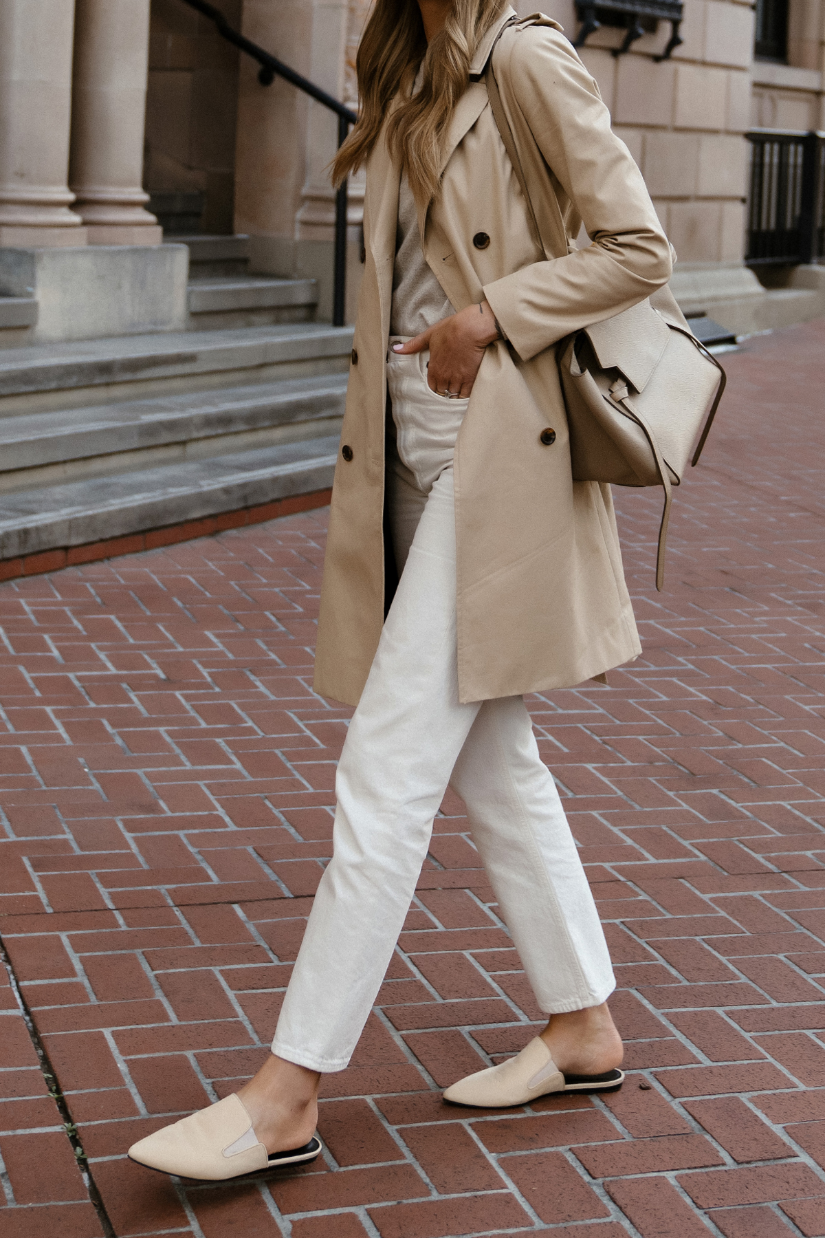 Fashion Jackson Wearing Jcrew Trench Coat White Jeans Outfit Trench Coat Street Style Flat Mules Outfit 1