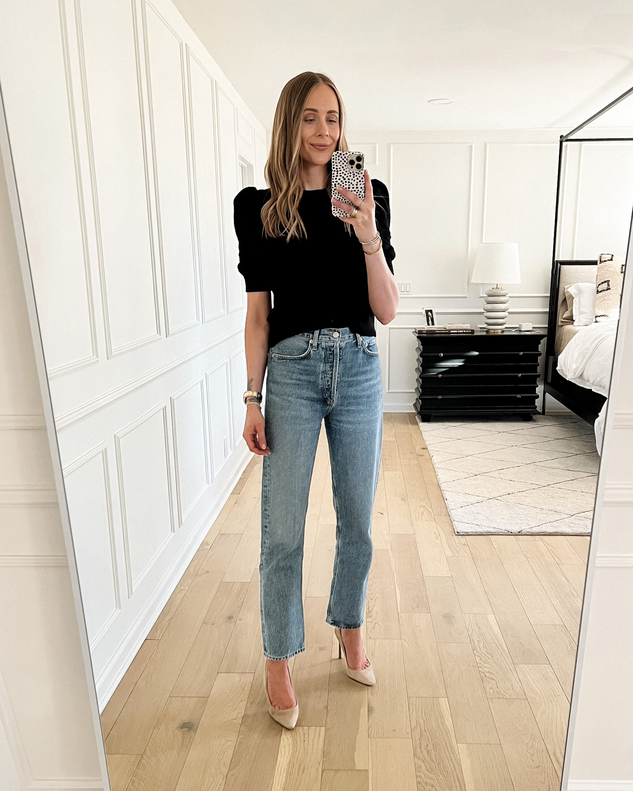 Fashion Jackson Wearing Black Puff Sleeve Top AGOLDE 90s pinch waist jeans review