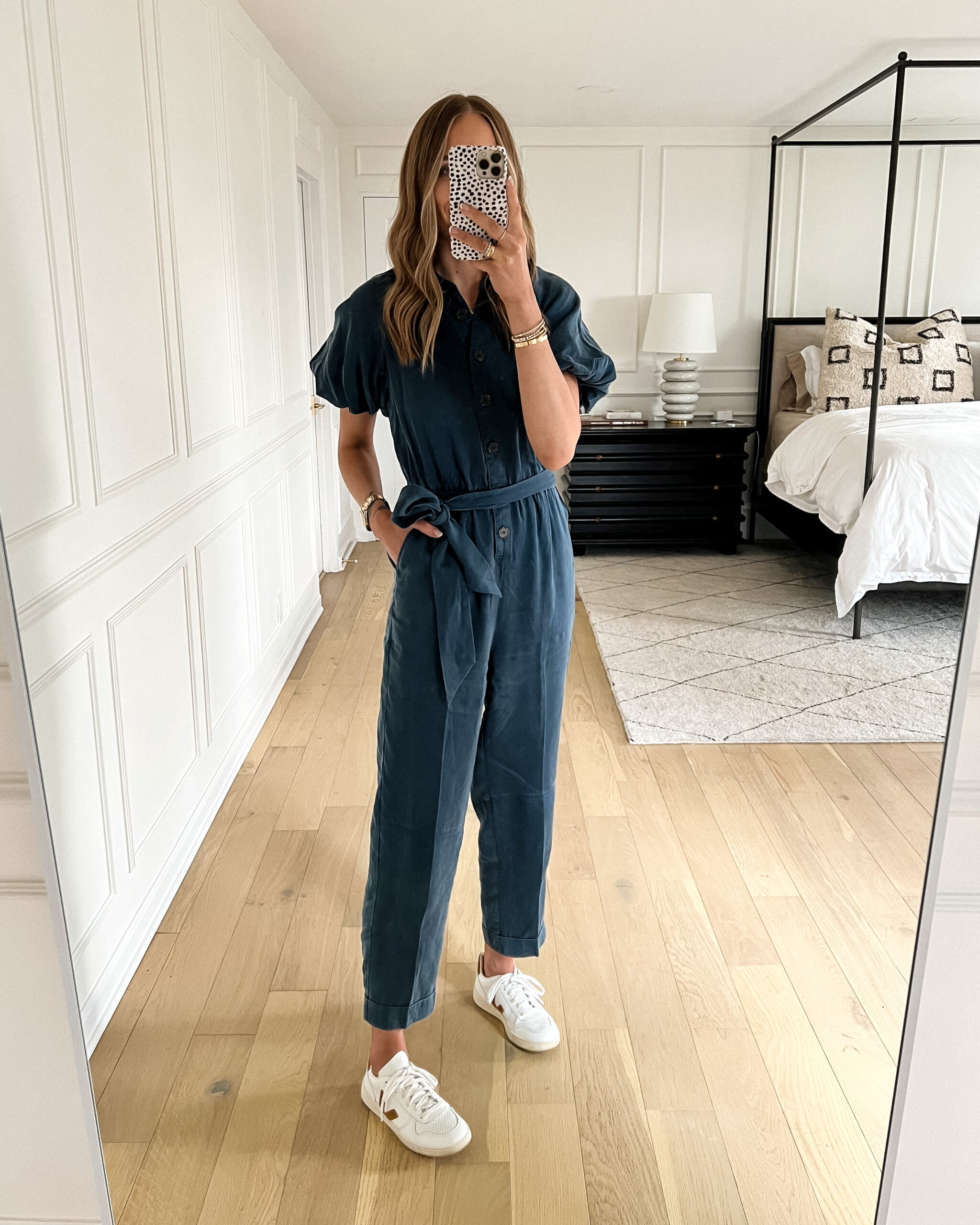 Fashion Jackson Wearing Jcrew Navy Jumpsuit Veja Sneakers Spring Outfit