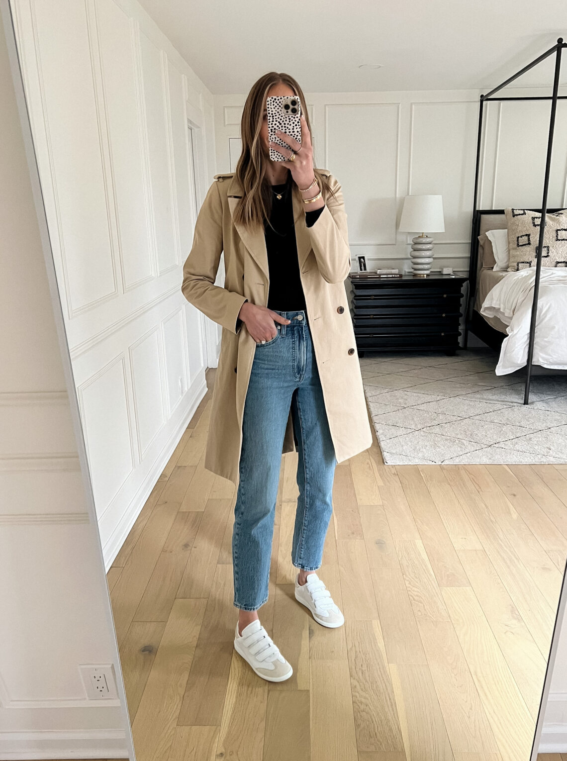 Fashion Jackson Wearing Jcrew Trench Coat Madewell Jeans Isabel Marant Beth Velcro Sneakers Spring Outfit