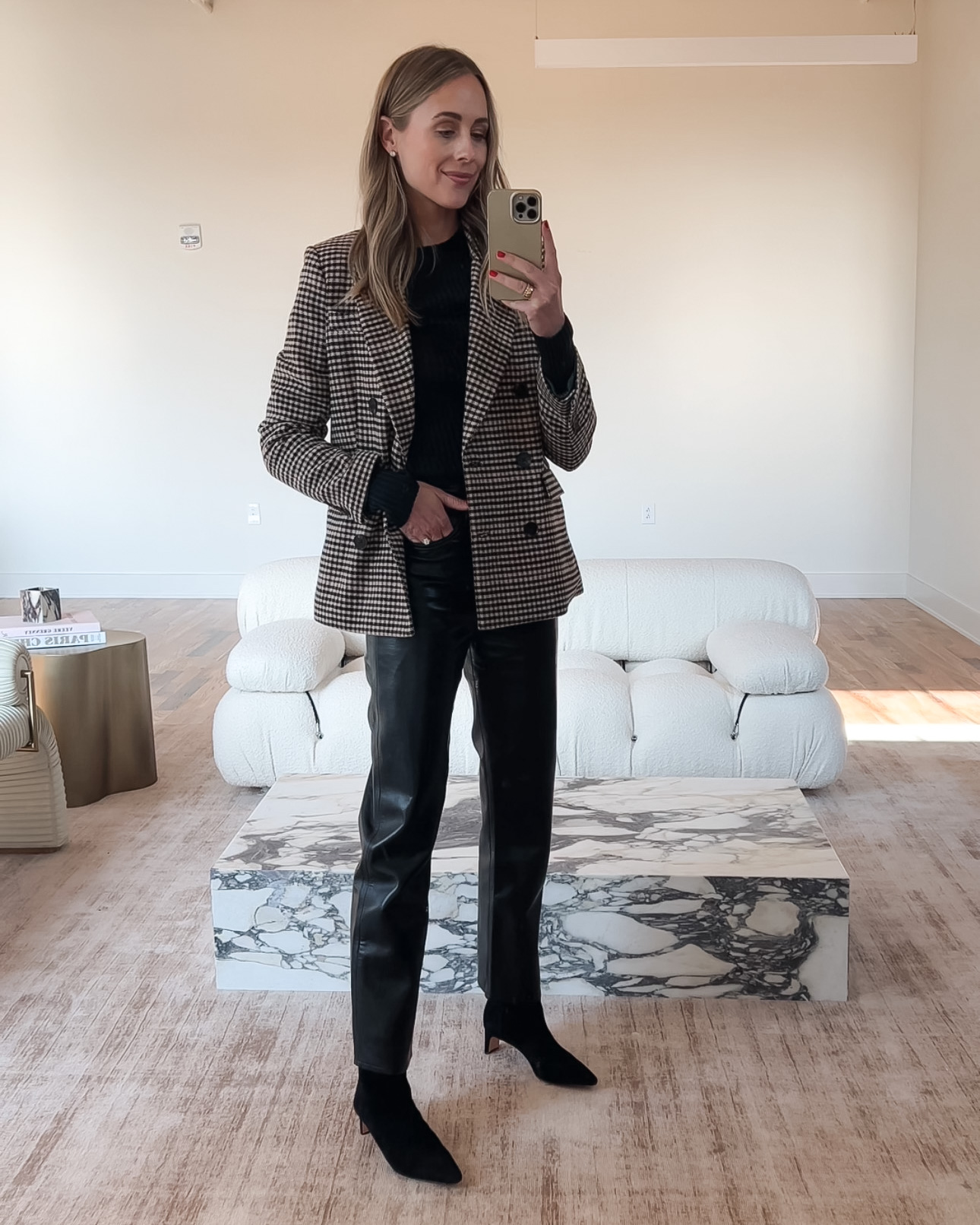Fashion Jackson Wearing Scotch & Soda Heritage Checked Double Breasted Blazer AGOLDE 90s Recycled Leather Fitted Pants Black Booties Fall Outfit Fall Workwear Outfit