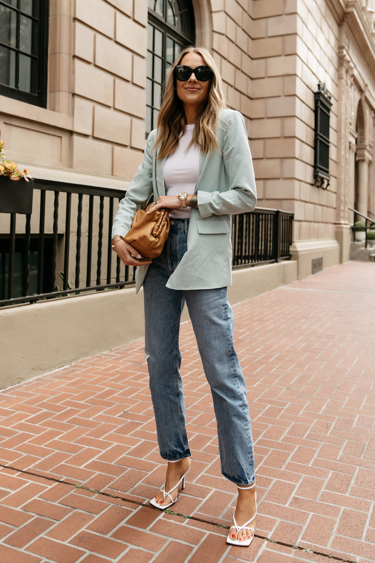 Fashion-Jackson-Wearing-Teal-Blazer-White-Tank-AGOLDE-Jeans-Bottega-Veneta-Stretch-Square-Toe-Sandals-White-Spring-Summer-Color-Trends-Womens-Outfit-Street-Style
