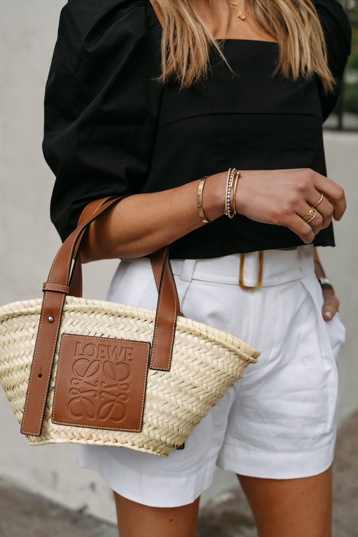 Fashion Jackson Wearing White Shorts Black Top loewe basket tote