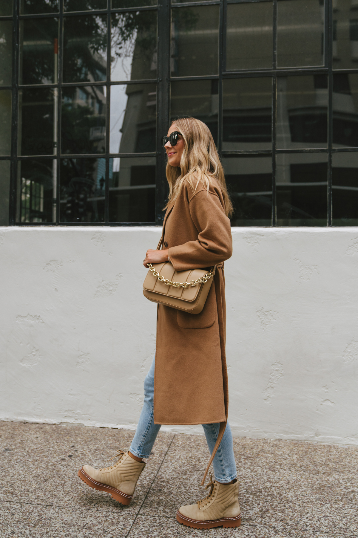 Fashion Jackson Wearing Anine Bing Camel Coat Beige Sweater Levis 501 Skinny Jeans Vince Camuto Beige Suede Combat Boots Beige Crossbody Handbag